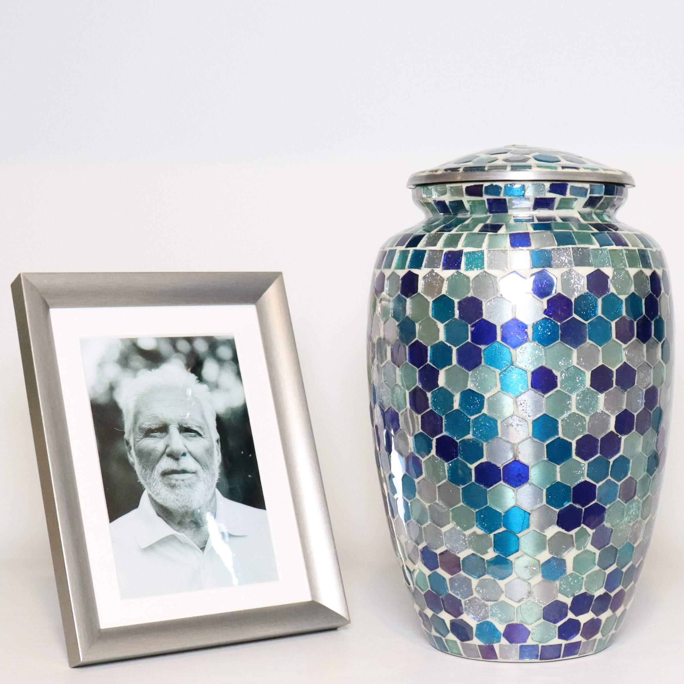 Liliane Memorials Mosaic Glass Cremation Urn - Hand Made Funeral Urn for Human Ashes - Large Adult Size Burial Urn - Hand Applied Individual Tiles Create a one of a Kind Work of Art - 200 cu in (Silver)