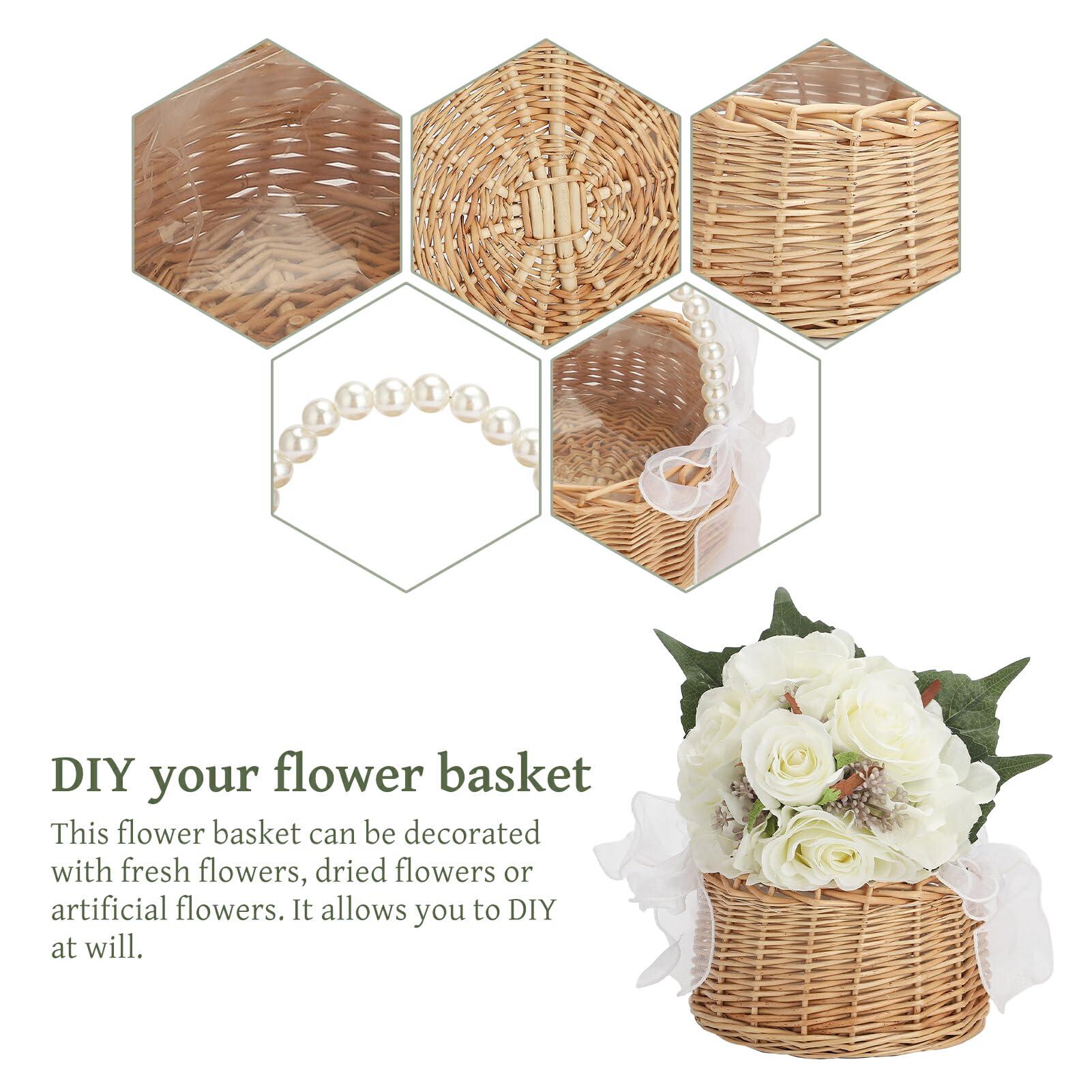 DULRLLY Wicker Rattan Flower Girl Basket Set of 2 Rustic Wedding Flower Girl Basket with Pearl Handle Small Flower Basket for Flower Girl Fairy Wedding Basket Handwoven Easter Baskets for Boys Girls Wedding