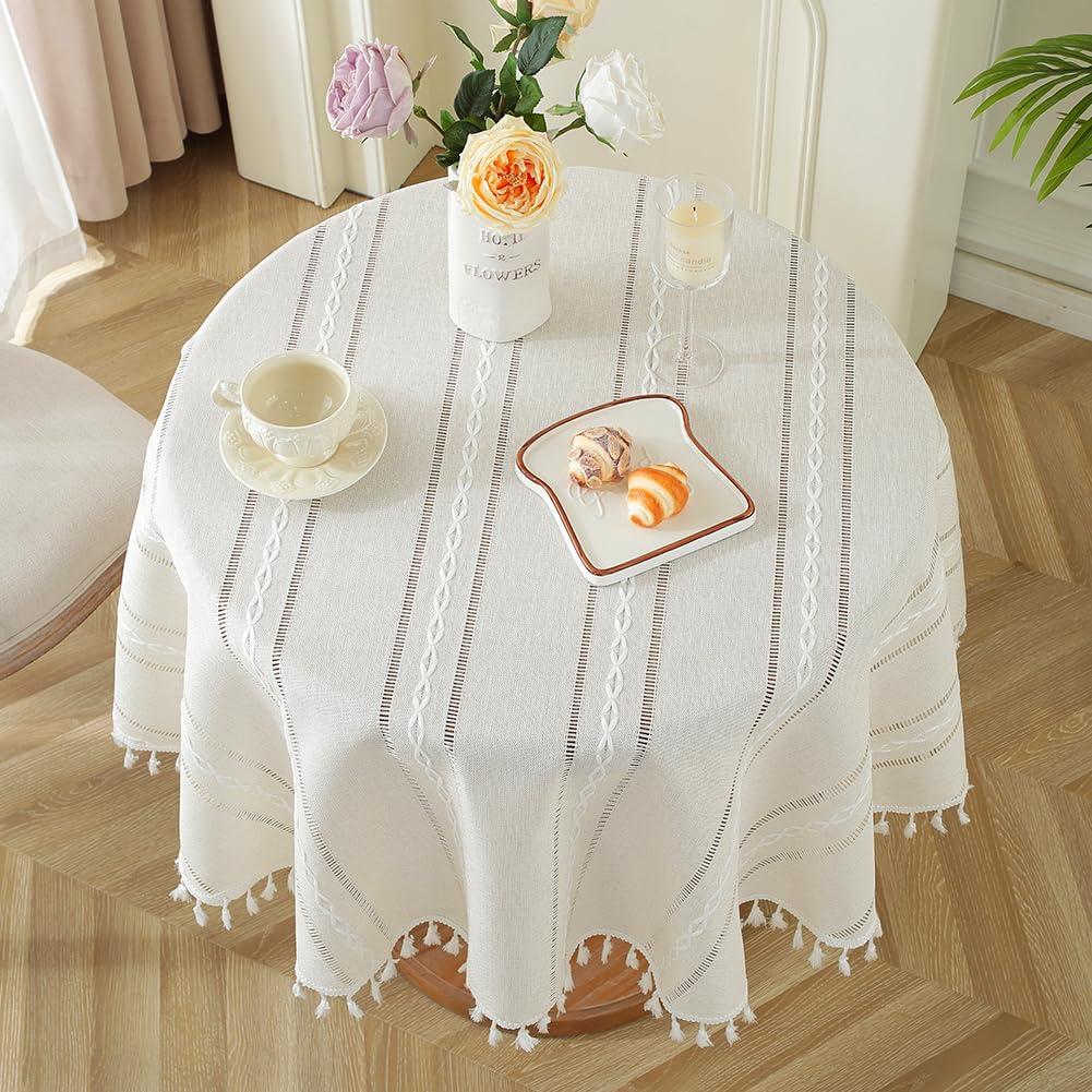 meioro meioro Rustic Table Cloth, White Round 39\" Textured Cotton Linen Fabric Tablecloth with Tassel, Heavy Duty Farmhouse Table Cover Embroidery Stripe Round Tablecloths for Dinning Wedding Party