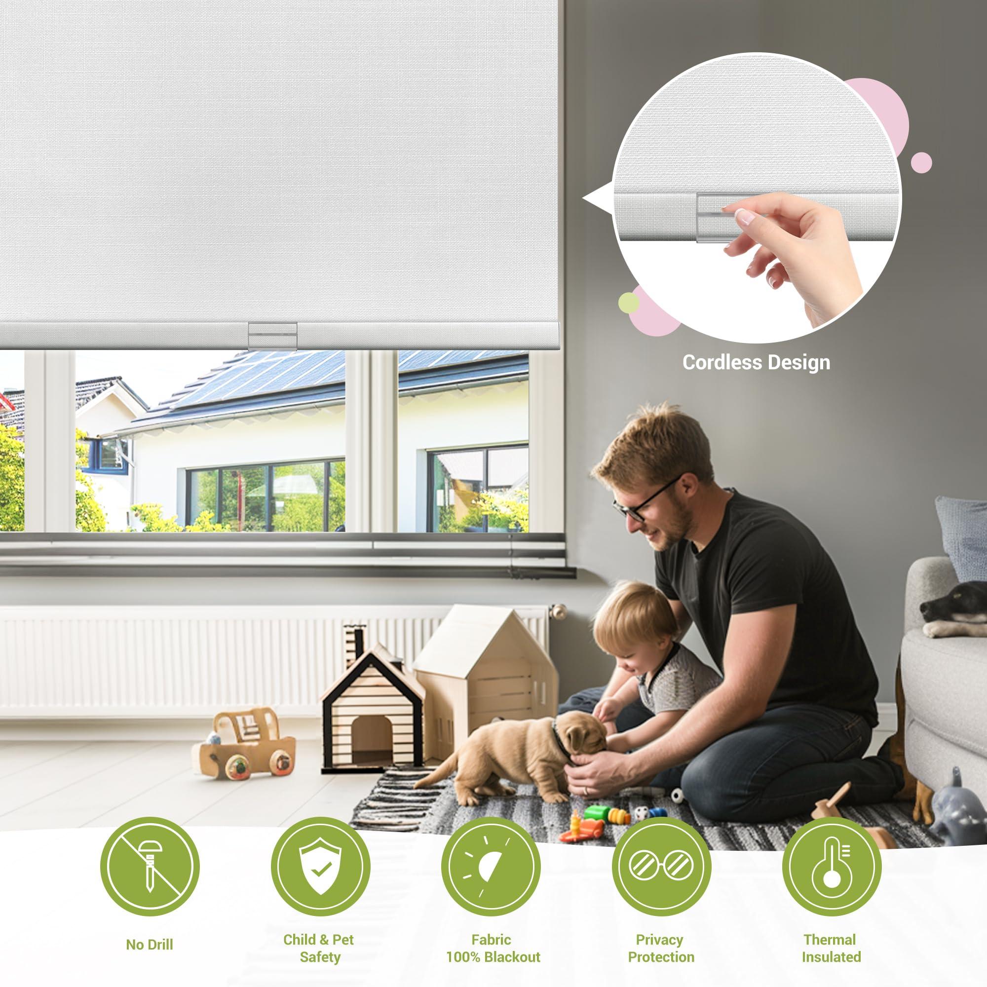 MoDanCeQ MoDanCeQ No Drill No Tools Blackout Roller Shades for Windows, Cordless Blinds with Linen Fabric-Matched, Custom Roller Blinds for Home Office Door, White, 26.5" W x 64" H