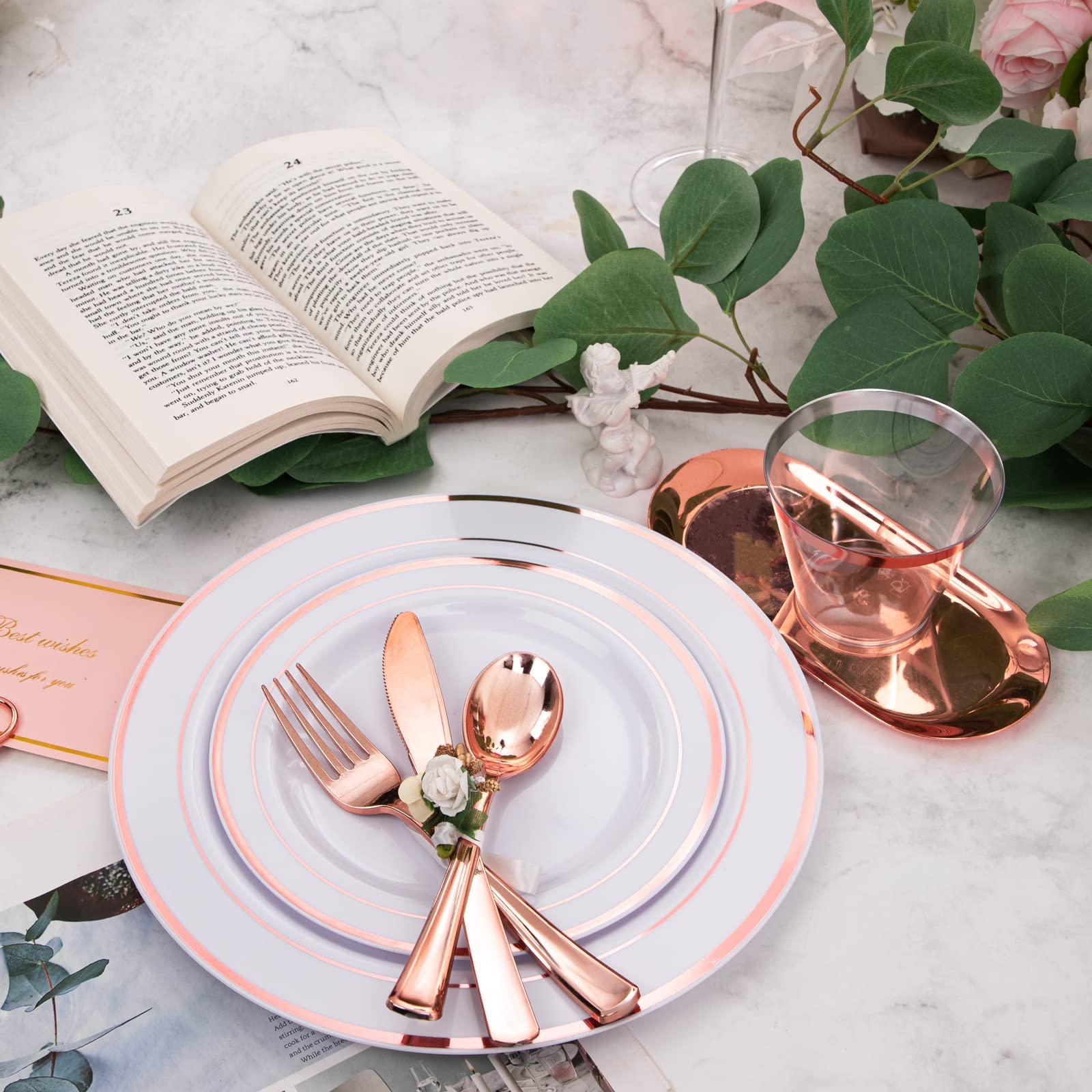WELLIFE WELLIFE 350 Pieces Valentines Rose Gold Plastic Dinnerware, 50 Guests Disposable Plates with Rose Gold silverware and Cups, 50 Pre Rolled Napkins with Rose Gold Cutlery, Perfect for Wedding and Party