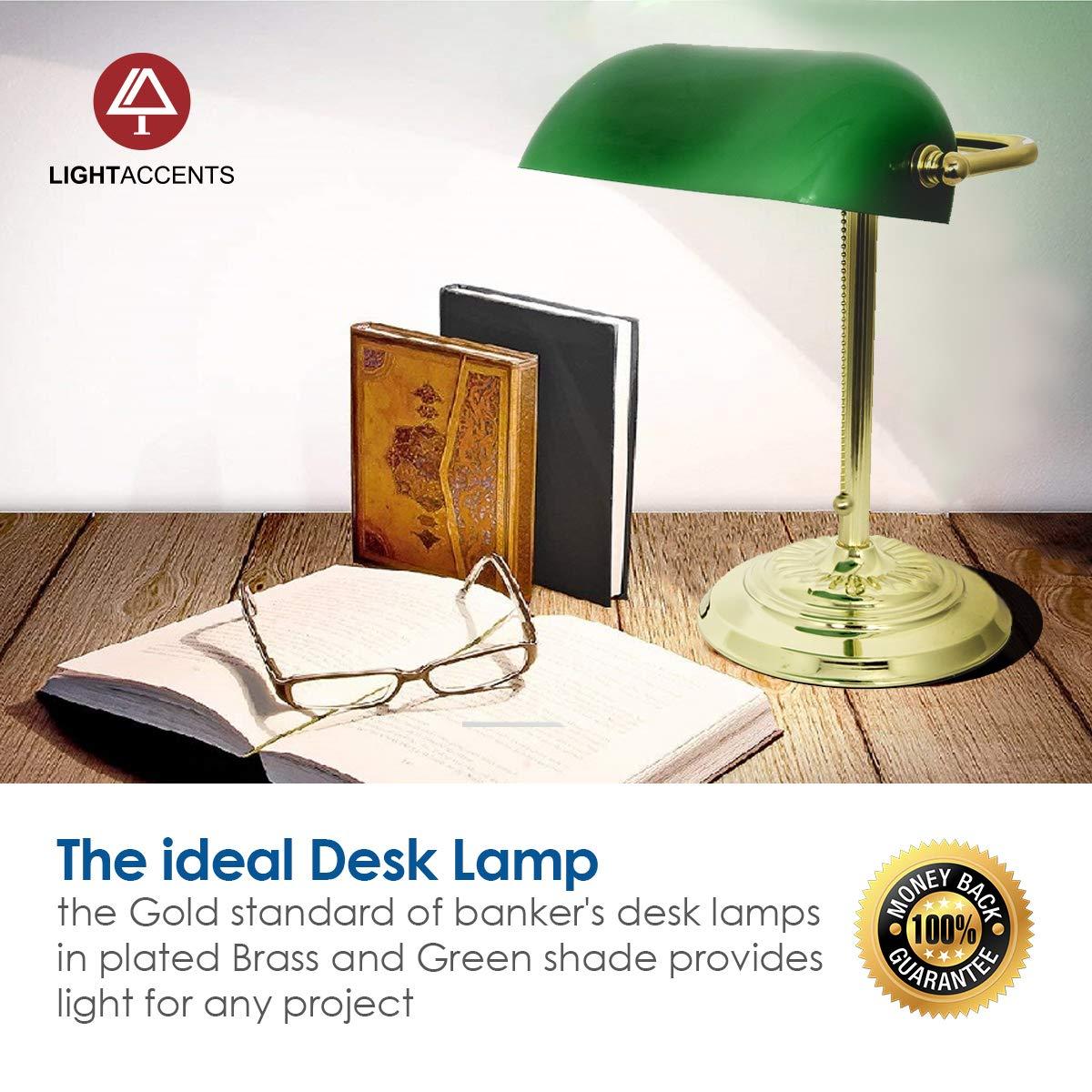 LIGHTACCENTS LIGHTACCENTS Traditional Bankers Desk Lamp with Green Glass Shade and Nickel Finish - Classic Study Light Perfect for Office and Home Workspace - Elegant Small Banker Lamp for Reading