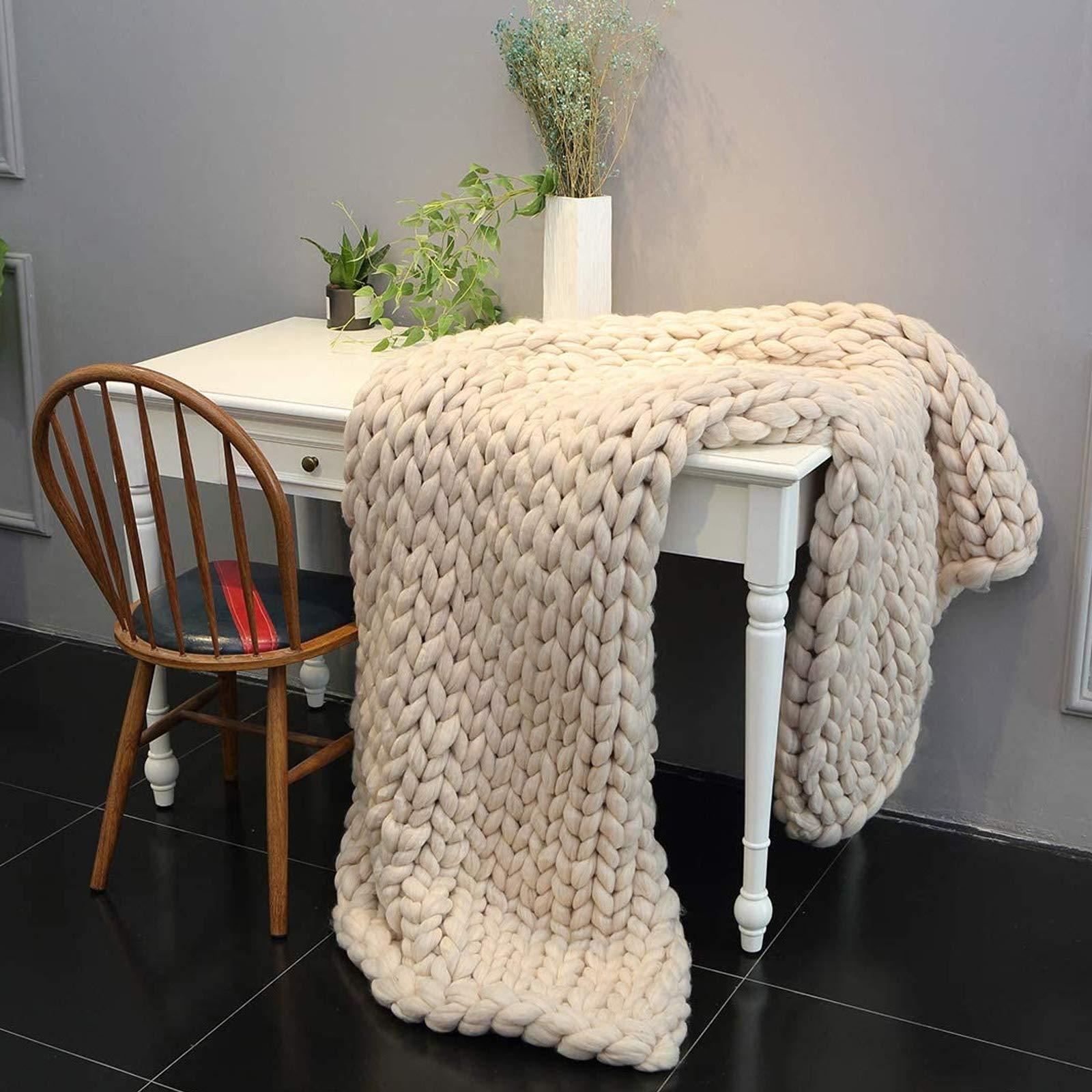 BWBG Chunky Knit Blanket Beige, Synthetic Wool Luxury Throw Knitted Blanket for Cuddling Up in Bed, Cozy Handmade Bulky Bed Sofa Chair Mat for Home Decor-80x80in
