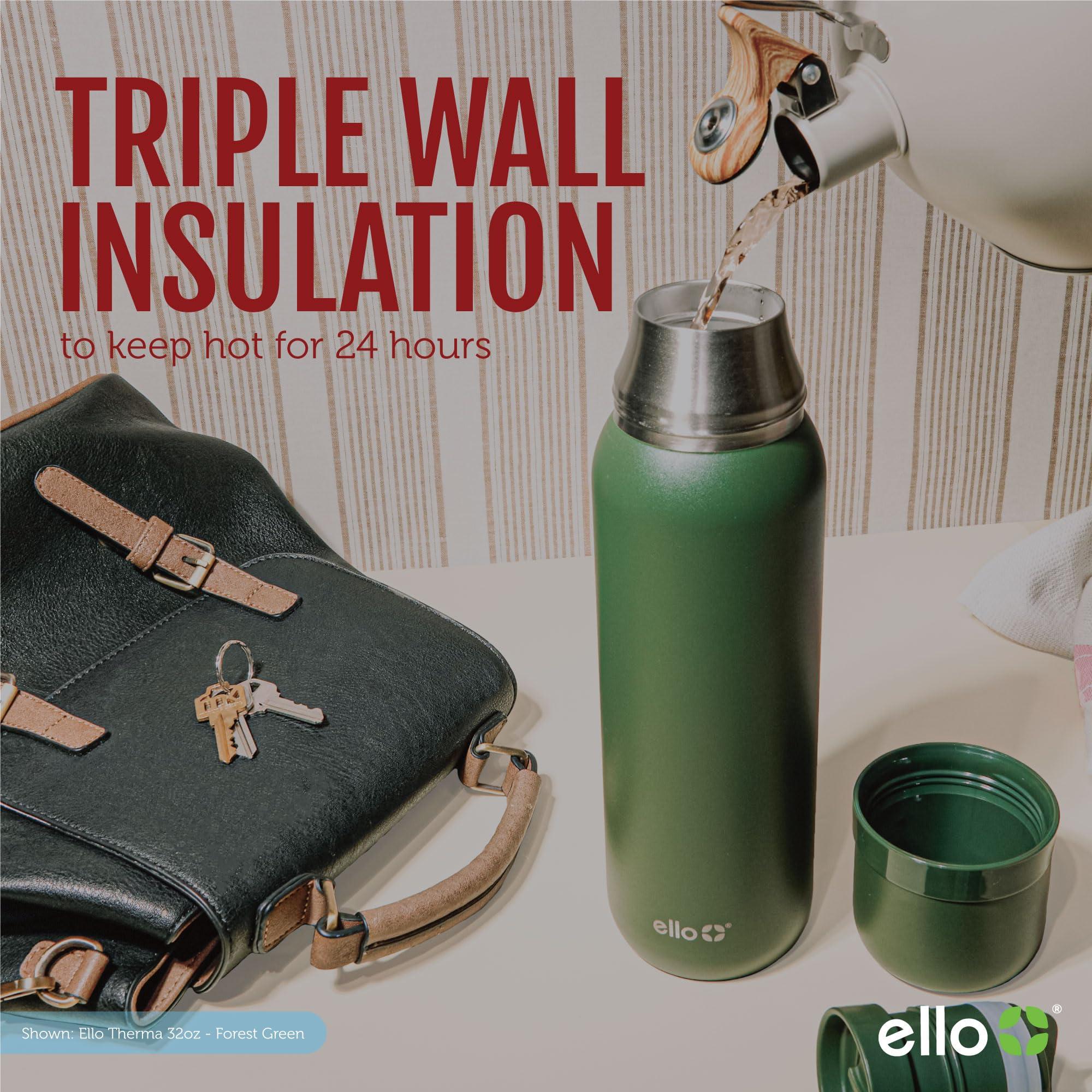 Ello Ello Therma 32oz Insulated Stainless Steel Thermos for Hot & Cold Beverages with Leak Proof Lid & Built-in Cup, Triple Wall Insulation, Hot 24 Hrs, Perfect for Coffee,Tea, Dishwasher Safe, Green