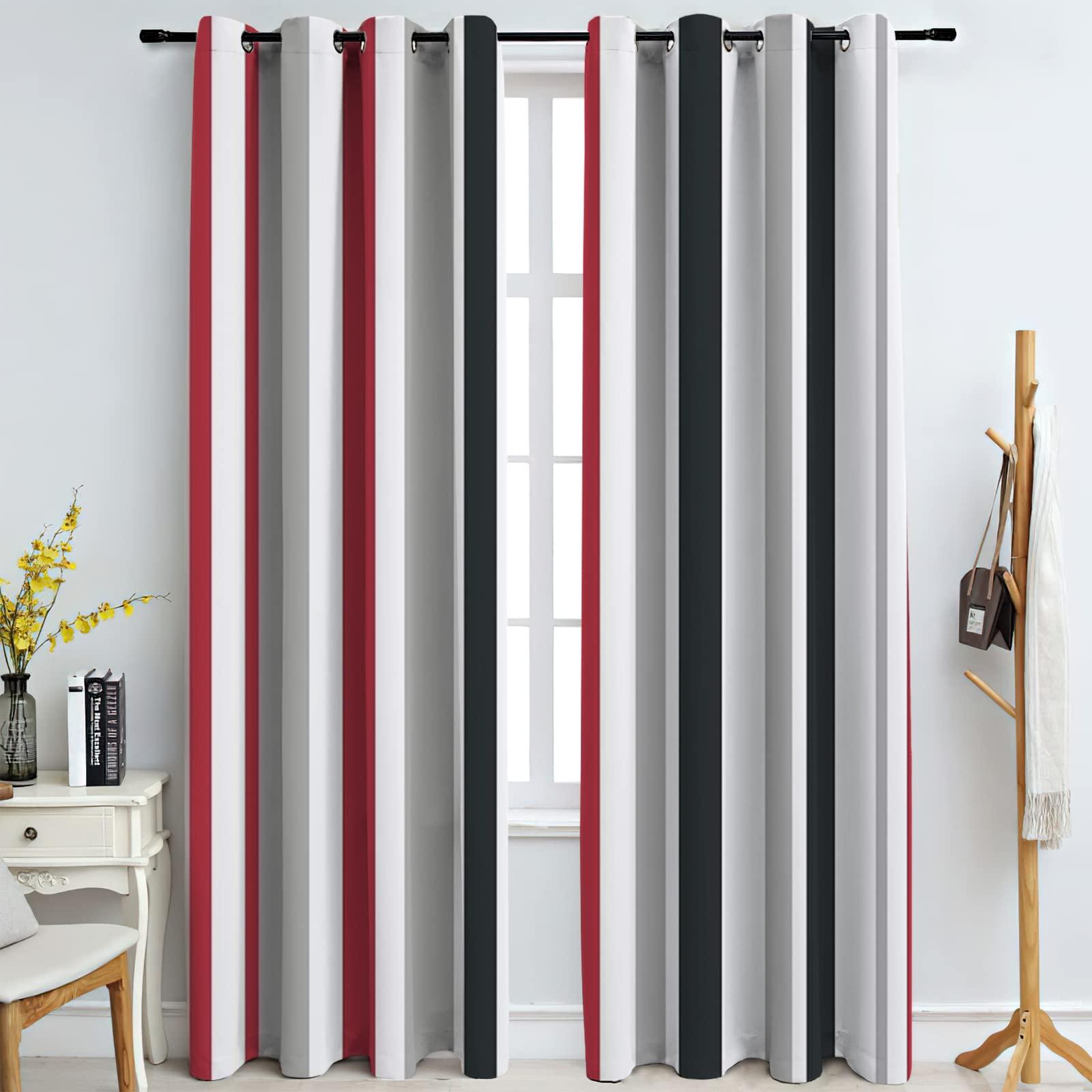 MPUTIE Modern Fashion Blackout Window Curtains, Simple Dark Red Black White and Gray Stripes Kids Curtains, Thick Polyester Privacy Drapes for Living Room Bedroom Kitchen Dorm 2 Panels Set - 52x84Inch