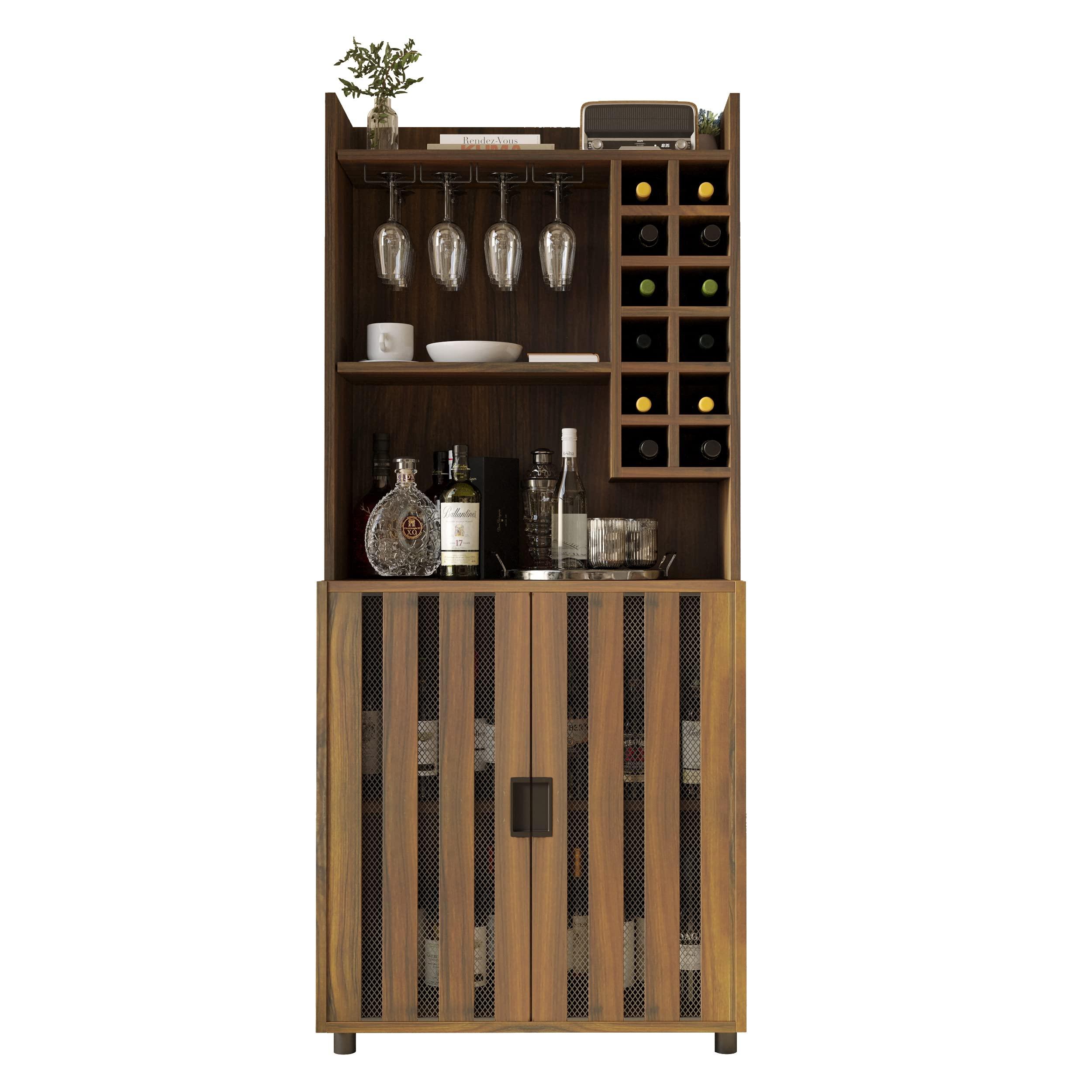Orweiin Orweiin Wine Bar Cabinet for Liquor and Glasses with 12 Wine Bottle Racks, Kitchen Hutch Storage Cabinet for Living, Dinning Room, HallwayDoors That Combine Wire Mesh with MDF