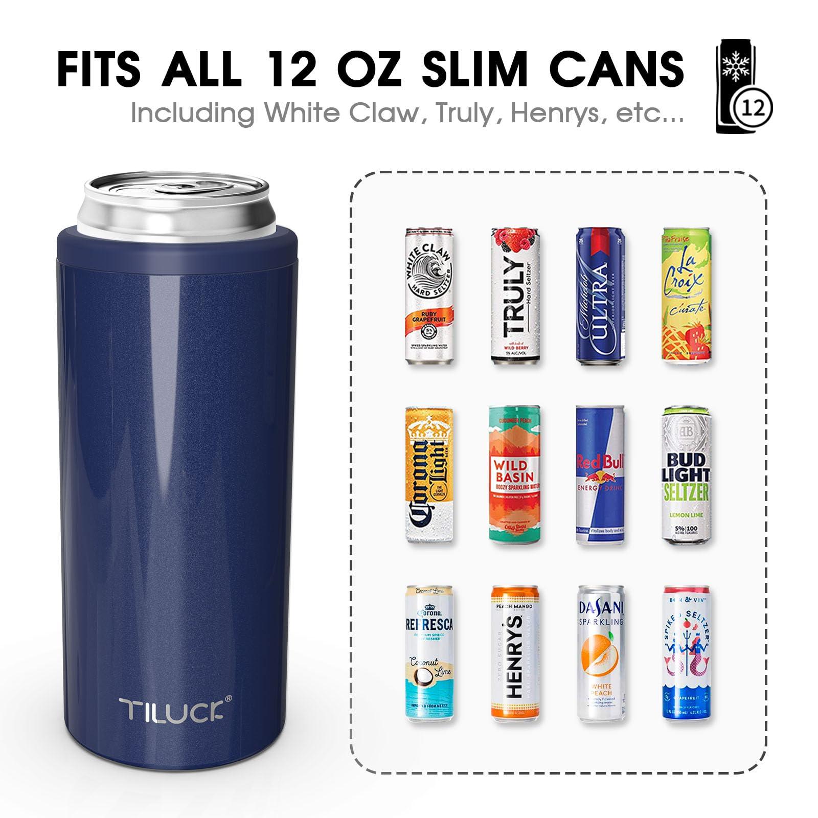 TILUCK TILUCK Skinny Can Cooler for Slim Beer & Hard Seltzer, Stainless Steel, Doucle-Walled Stainless Steel Insulated Slim Cans, Standard 12 oz (Glitter Navy)