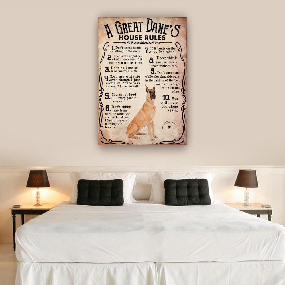 Jinwaftv Jinwaftv Great Dane Dog Poster House Rules Retro Poster Canvas Painting for Bedroom Wall Decor for Kitchen Giclee Print on Canvas Picture Printing (8.00\'\'x12.00\'\',Unframed)