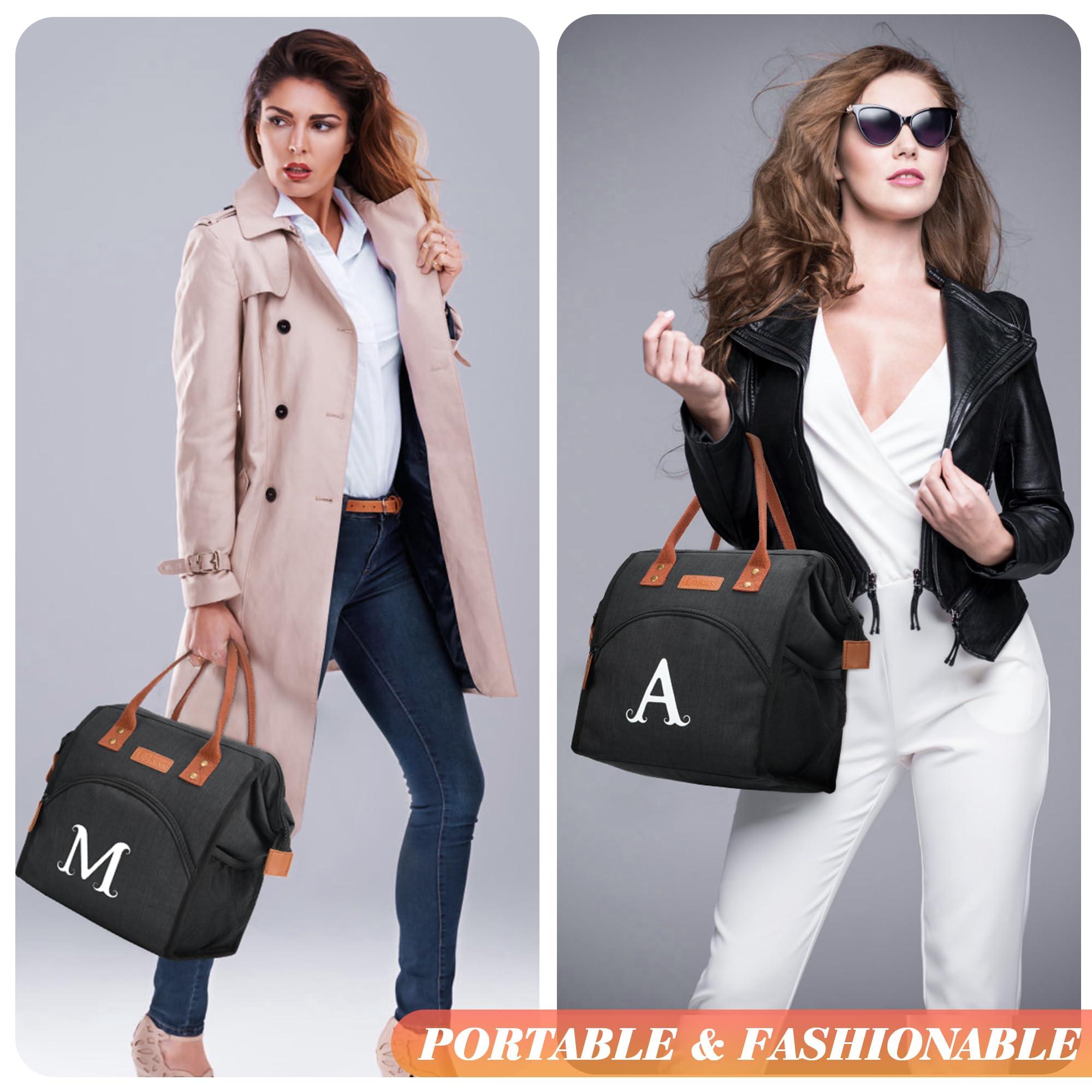 RIFESI Personalized Lunch Box for Women, Initial Reusable Insulated Lunch Bag, Wide-Open Adult Lunchbox Cooler Lunchbag Snack Organizer, Initial Leakproof Lunch Tote Bag for Picnic Work Outdoors Black - J