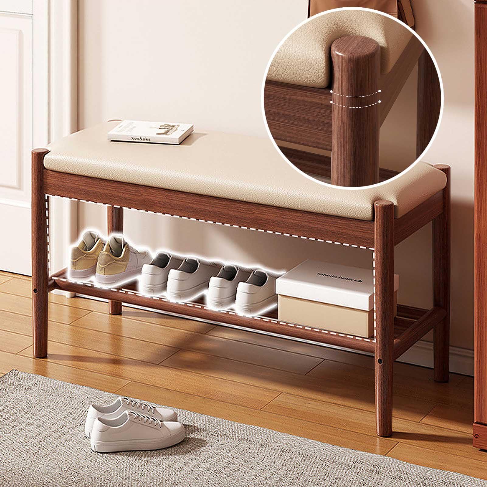 HomeLoft Basics Wooden Shoe Bench, 2-Tier Shoe Rack Shelf Organiser with Padded Cushion Seat, Entryway, Hallway Living Room Accent Furniture