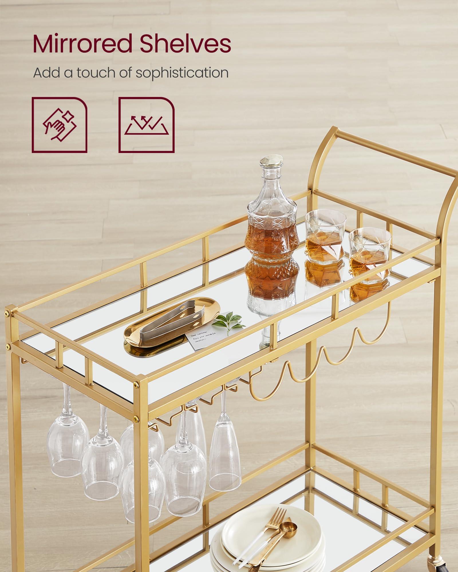 VASAGLE VASAGLE Bar Cart Gold, Home Bar Serving Cart, Wine Cart with 2 Mirrored Shelves, Wine Holders, Glass Holders, for Kitchen, Dining Room, Gold ULRC090A03