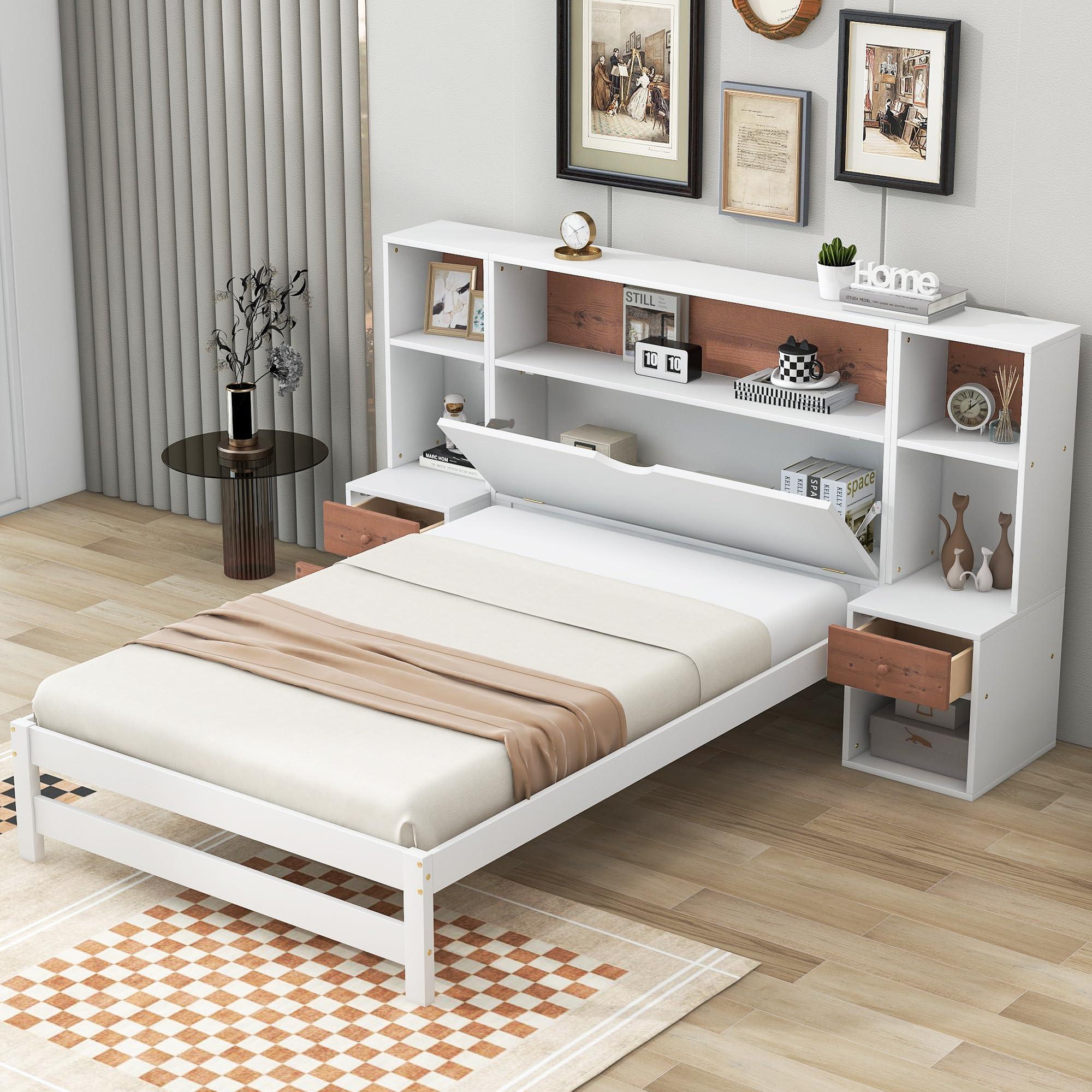Brabrety Twin Size Platform Bed with Storage Headboard and Drawers,with Two Nightstands Solid Pine Wood Platform Bed,Plenty of Storage Makes it Ideal for Bedroom Furniture.