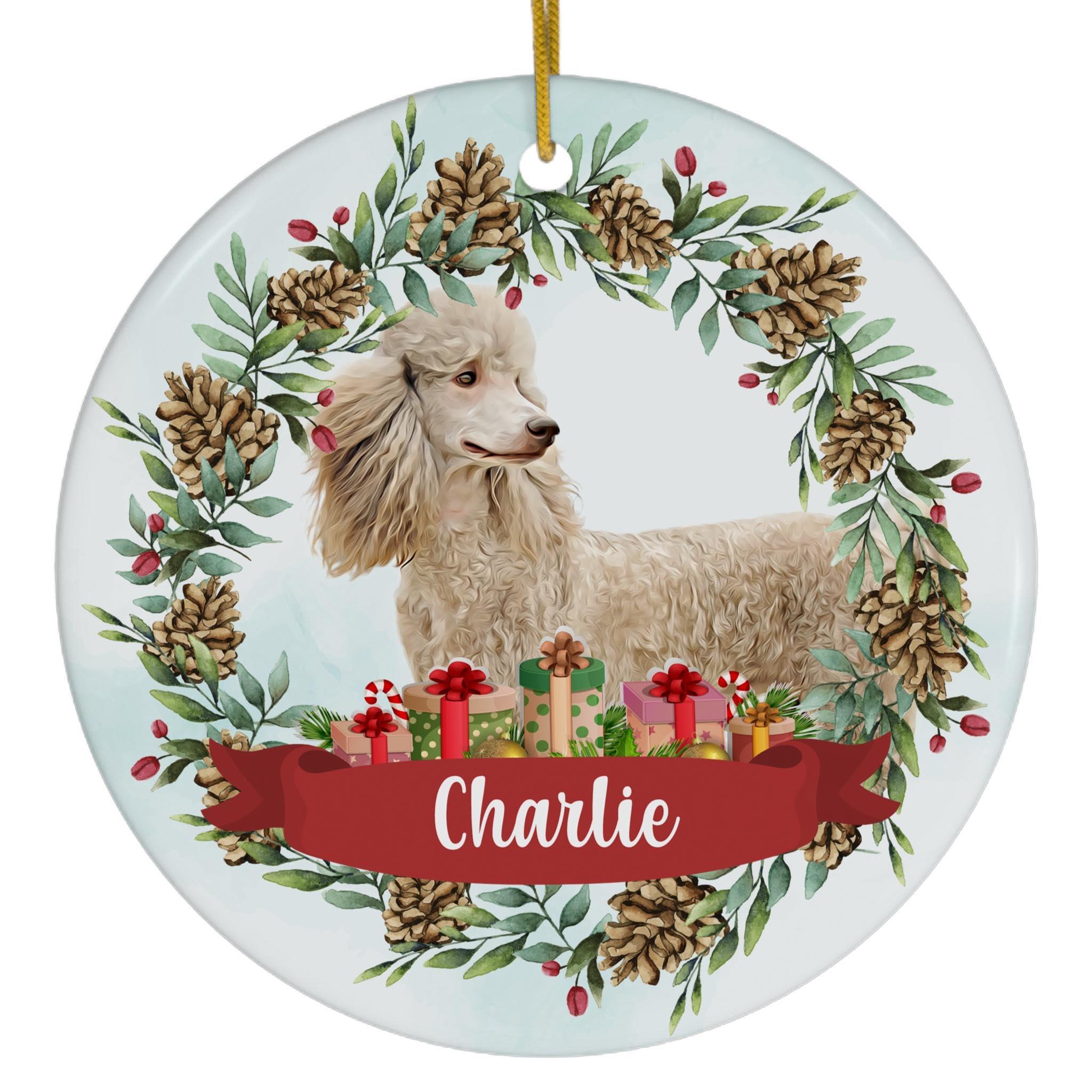 Lovesout Pinecones Theme Design with Silver Beige Standard Poodle Personalized Christmas Ornaments 2024 Circle White Ceramic Puppy Owner Gifts