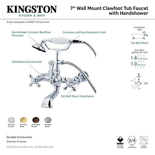 Kingston Brass Kingston Brass CC548T1 Vintage 7-Inch Spread Wall Mount Leg Tub Filler with Hand Shower, Metal Cross Handle, Polished Chrome