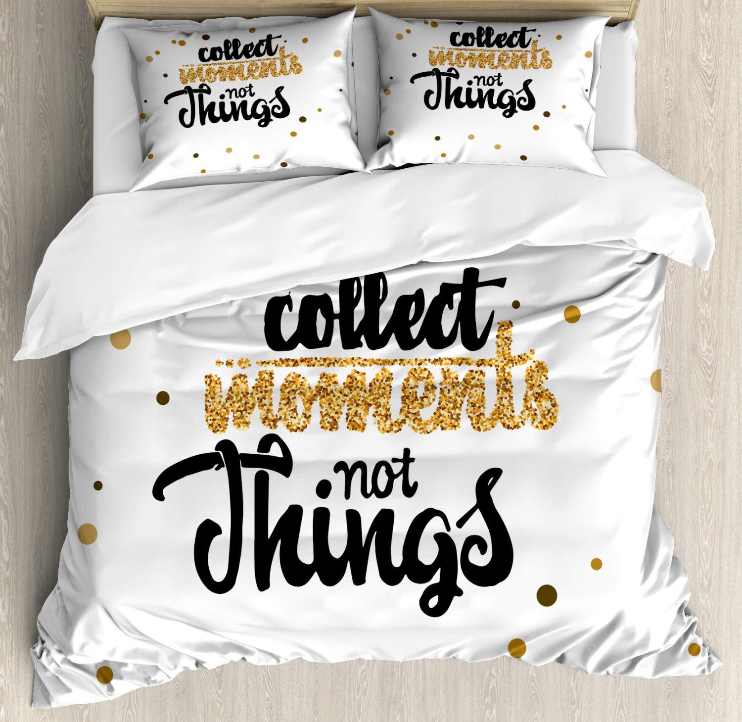 Ambesonne Ambesonne Saying Duvet Cover Set, Calligraphic Graphic Theme in Yellow Golden Tone with Polka Dots Print, Decorative 3 Piece Bedding Set with 2 Pillow Shams, Queen Size, White and Pastel Brown