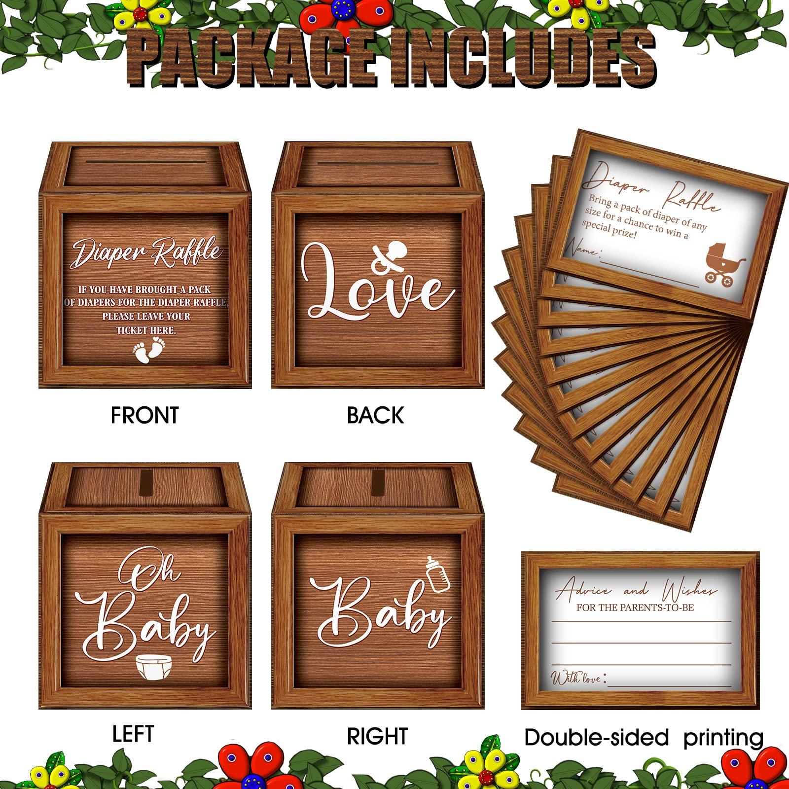 Teling Teling 51 Pieces Diaper Raffle Tickets with Card Box Baby Shower Decorations Baby Shower Holder Box for Girl Boy Diaper Raffle Party(Wooden)
