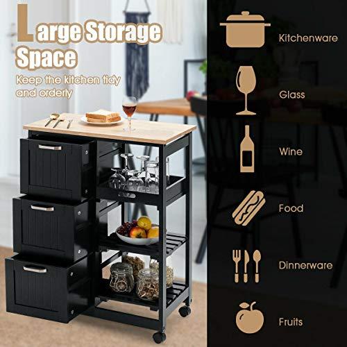 LHONE LHONE Rolling Kitchen Island Cart 3-Tier Industrial Wood Trolley Serving Cart Storage Cabinet Utility Cart on Wheels & Three Storage Drawers (Black)