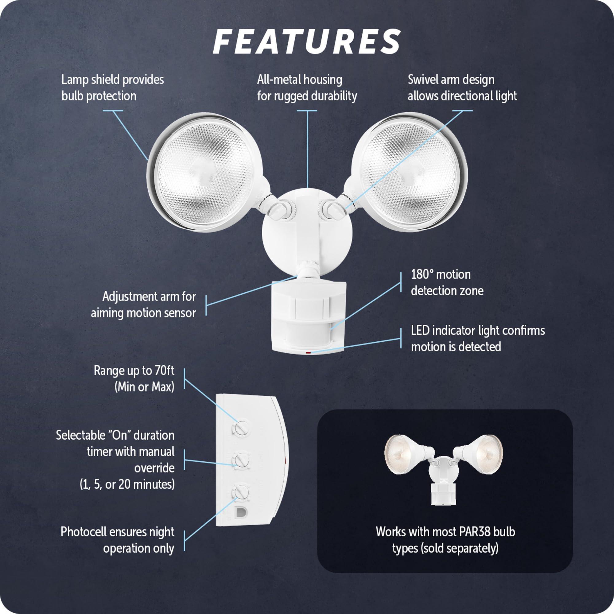 Globe Electric Globe Electric 17000273 180-Degree 240 W Twin Head White Hardwired Motion Sensor Security Flood Light, Spotlight, Outdoor, Outside House Lights