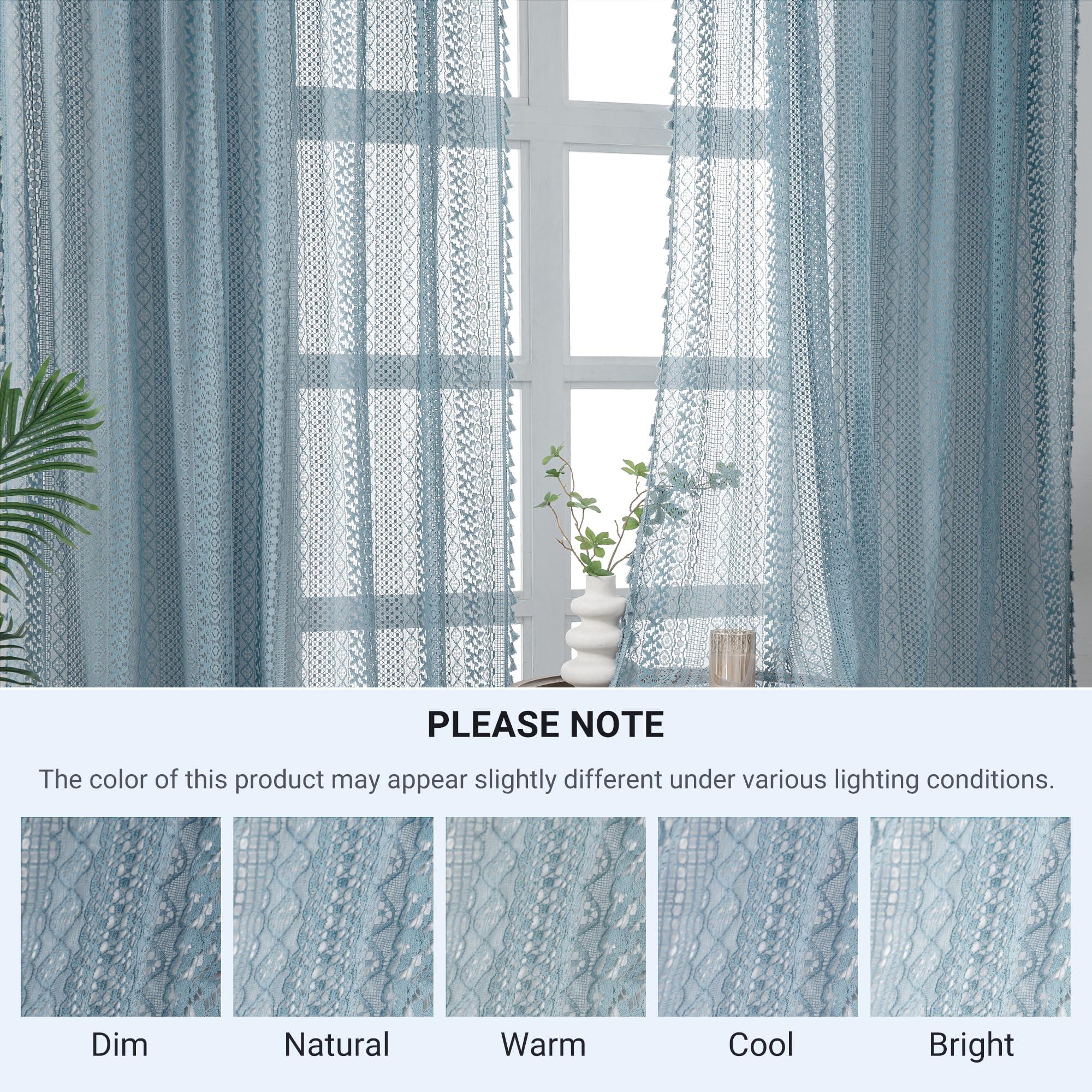 WAZZIO WAZZIO Light Blue Sheer Curtains 84 Inches Long 2 Panels Sheer Lace Pale Blue Curtains for Bedroom Living Room Rod Pocket Tassel Cotton Boho Crochet Curtains Light Filtering Privacy Drapes,Stone Blue