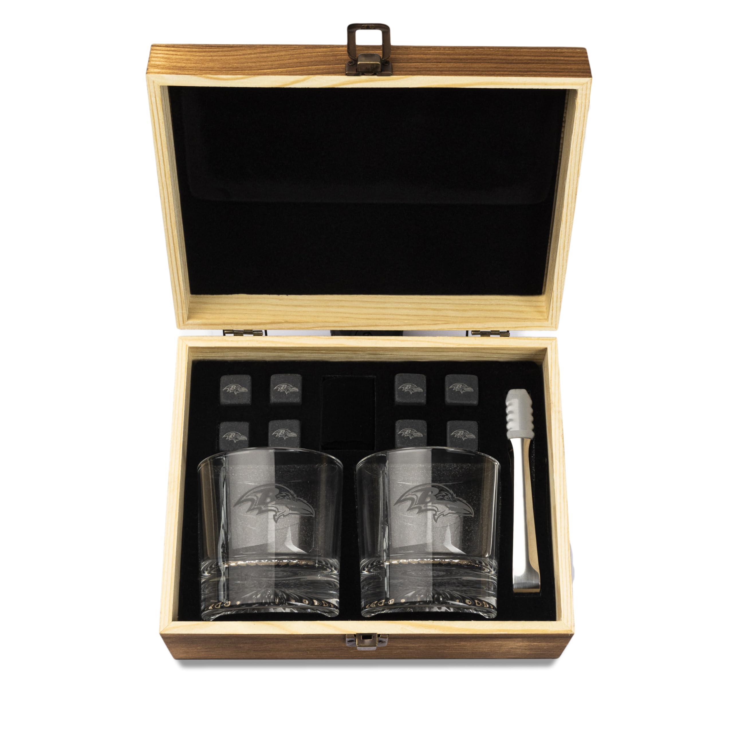 The Memory Company The Memory Company Officially Licensed NFL Wood Boxed Drinkware Set, with 2 Rocks Glasses and Cooling Cubes, Baltimore Ravens
