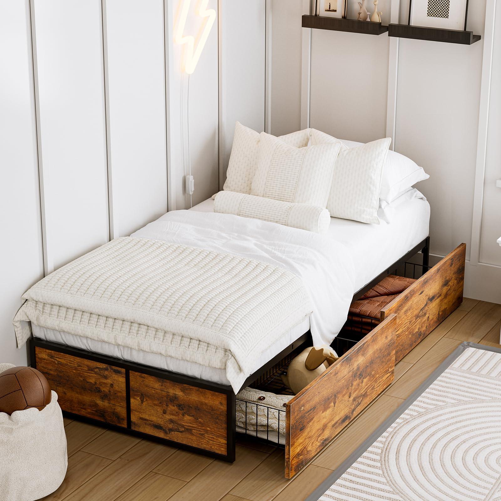 GAZHOME GAZHOME Twin XL Bed Frame with 2 XL Storage Drawers, Metal Platform Bed Frame with Footboard, 9 Strong Metal Slat Support/No Box Spring Needed/Easy Assembly/Space Saving Wood