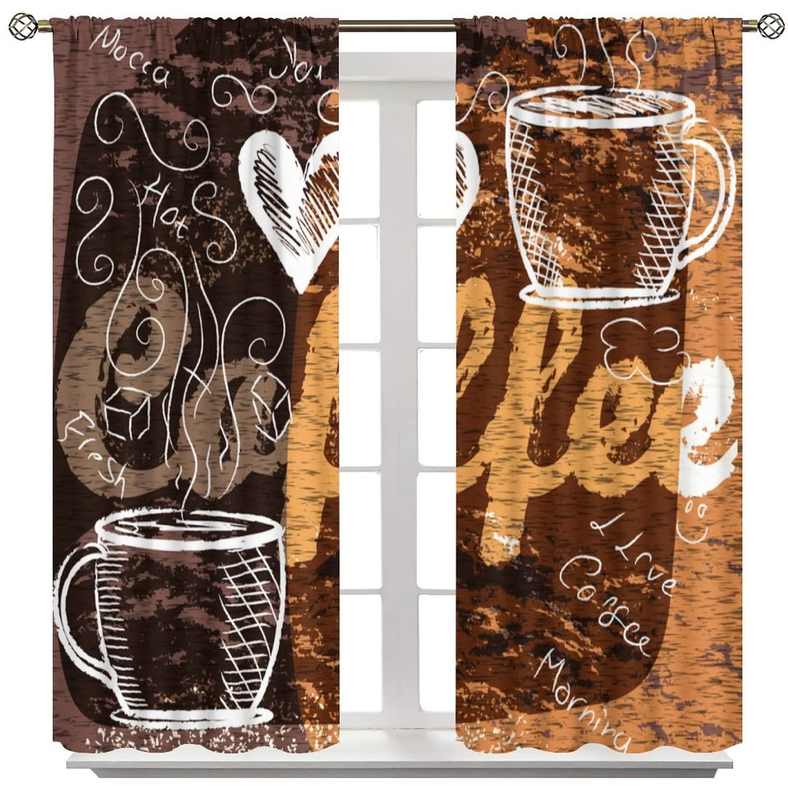 YCness Coffee Kitchen Curtains, Coffee Theme Decor Coffee Curtains for Kitchen Windows, Cafeteria Tea Party Pattern for Caf Decor 2 Panel Sets,55x63 Inch