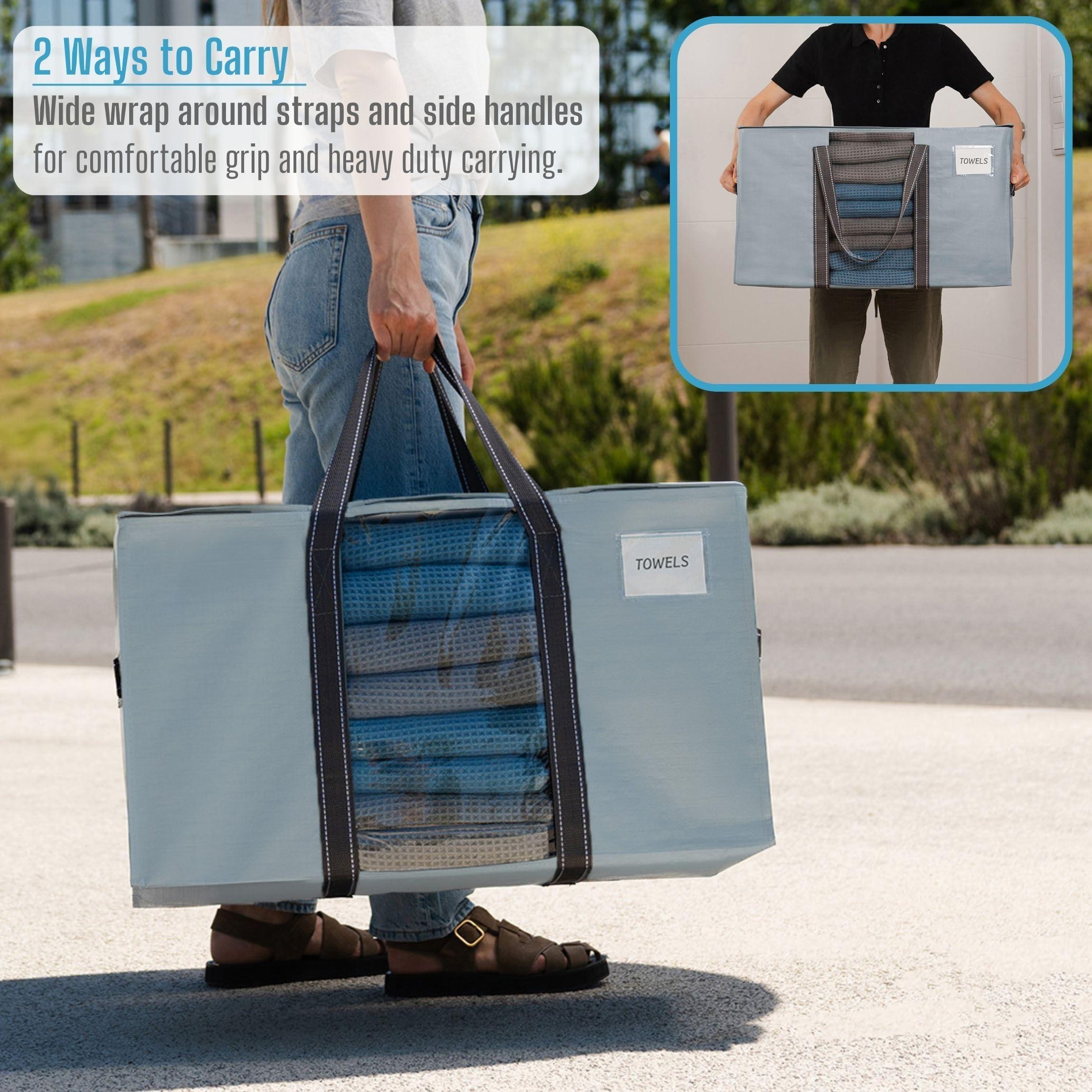 VENO VENO 4 Pack Moving Bags, Moving Supplies, Moving Boxes, College Packing Storage Boxes with Lids Alternative, Heavy Duty Totes, Extra Large, Sturdy Handles, Zipper (Light Blue with Window, 4 Pack)