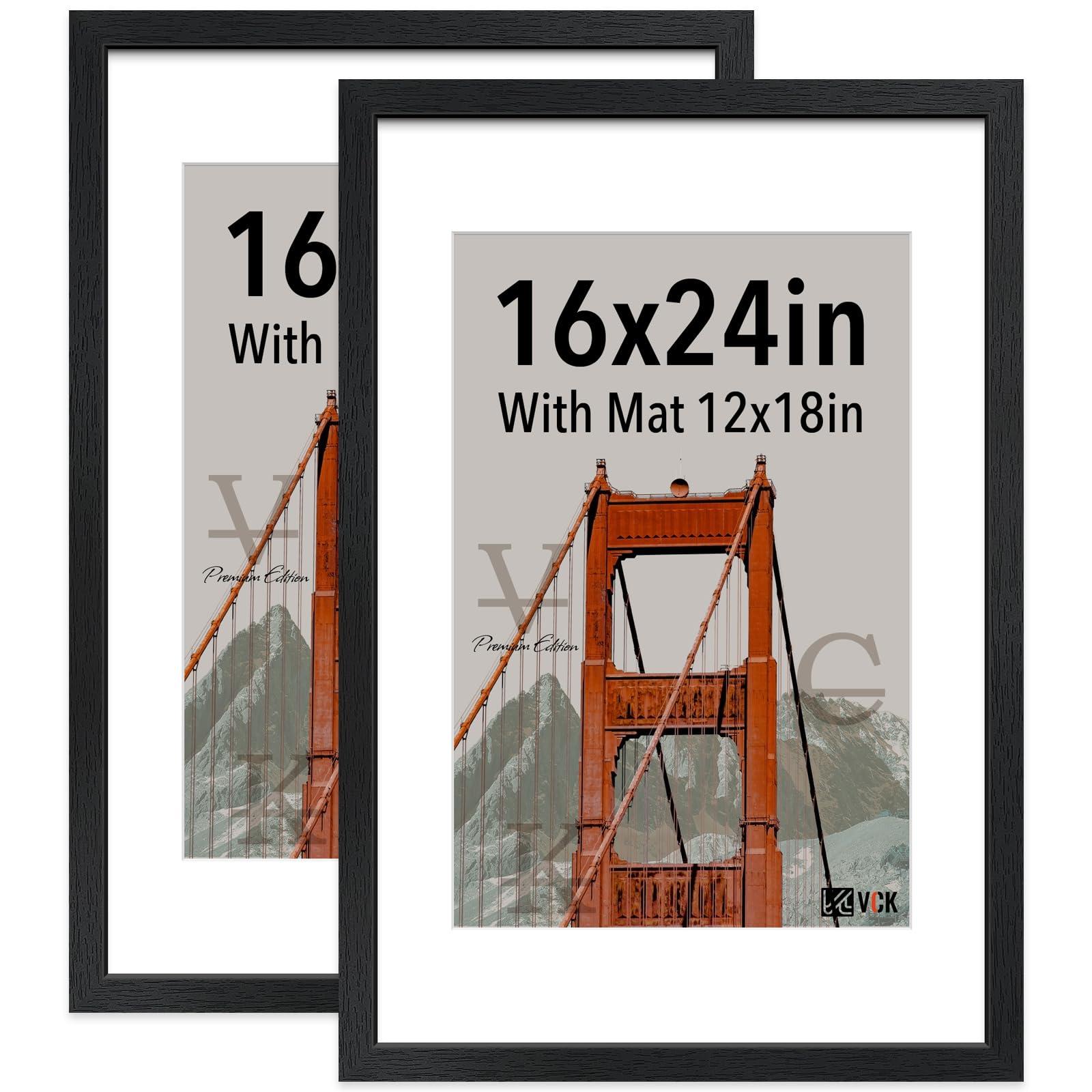 VCK VCK 16x24 Poster Frame Black 2 Pack - with Mat 12x18, Textured Exclusive Solid Wood Picture Frame, Wall Mounting Hanging