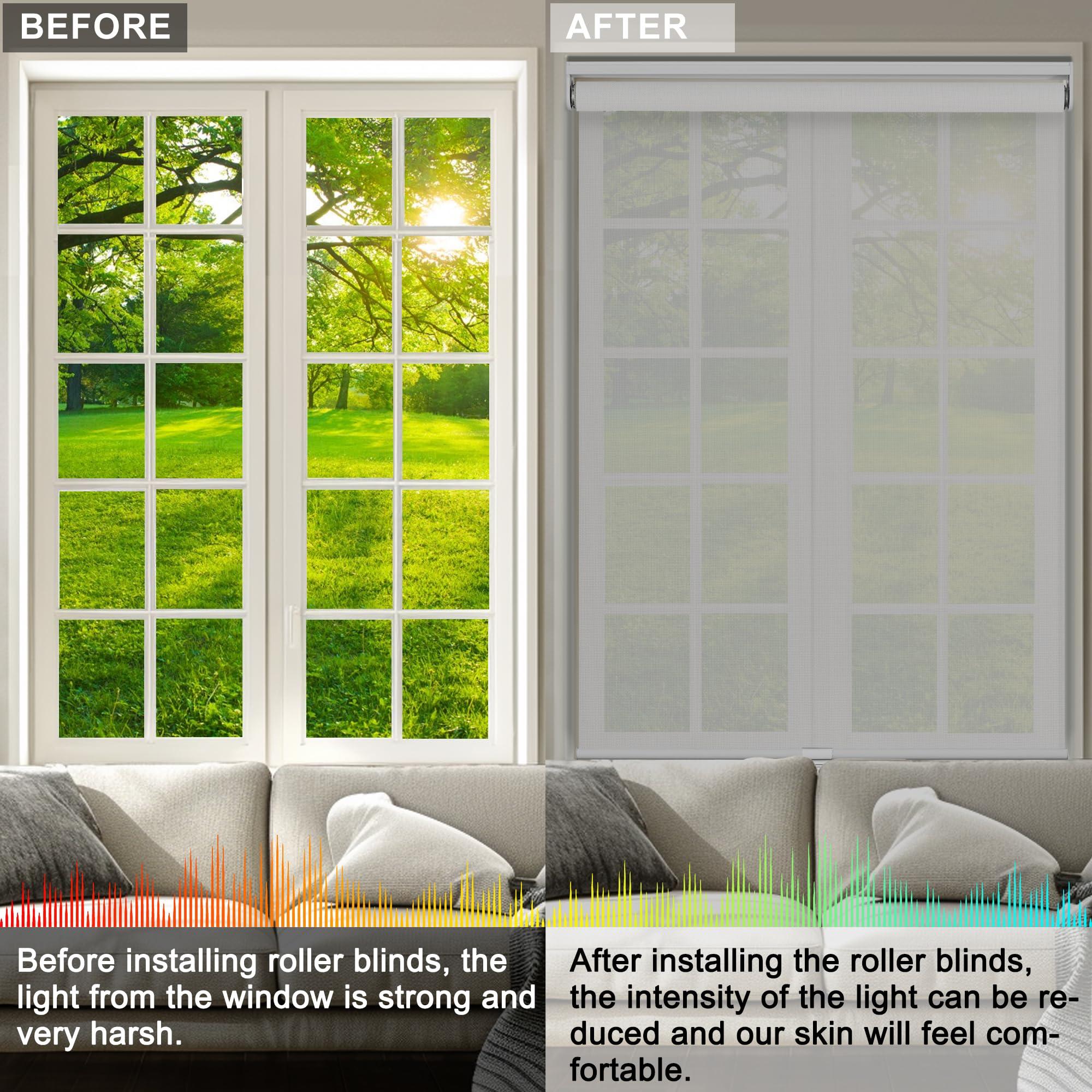 Sulugood Sulugood Light Filtering Roller Shades for Window 10% Openness Cordless Roller Blinds Solar Shades,UV Protection Fabric,Easy Installation Shades for Home, Hotel, Office,White,60" W x 64" H.