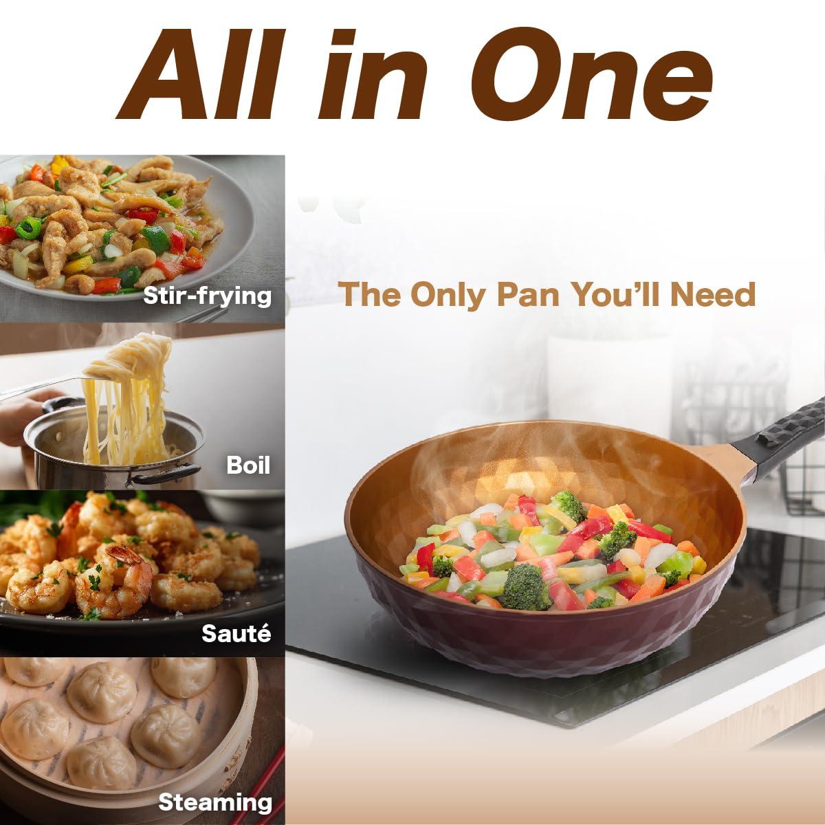 KOREA KING Diamond X Premium Extreme Non Stick 11\" Frying Wok Pan Hybrid with Lid and Spatula, Oil-Free, PFOA-Free Cooking with Titanium-Coated 8-Layered Korean Engineered Deep Stir Fry Skillet, Rapid Heating