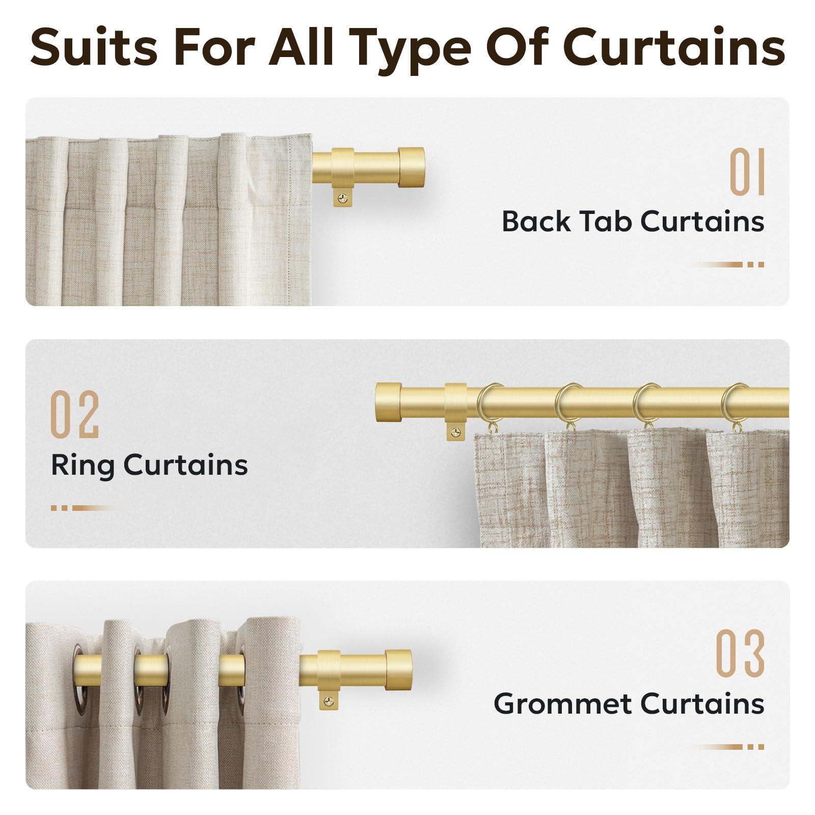 zeerobee Zeerobee Curtain Rods for Windows 32 to 72, 1 Inch Heavy Duty Drapery Rods with Adjustable Length, Outdoor Modern Curtain Pole with Simple End Caps, 32"-72", Brushed Gold