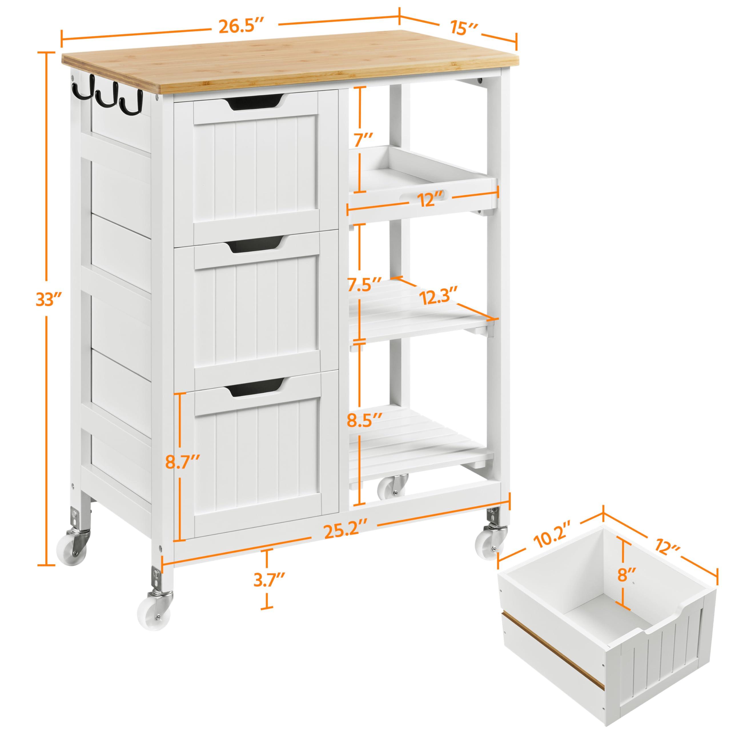 Yaheetech Yaheetech Kitchen Island Cart on Wheels with Bamboo Countertop, Rolling Serving Utility Trolley Cart with 3 Drawers, 3 Removable Shelves & Lockable Casters, Storage Cabinet for Dining Room, Bar, White