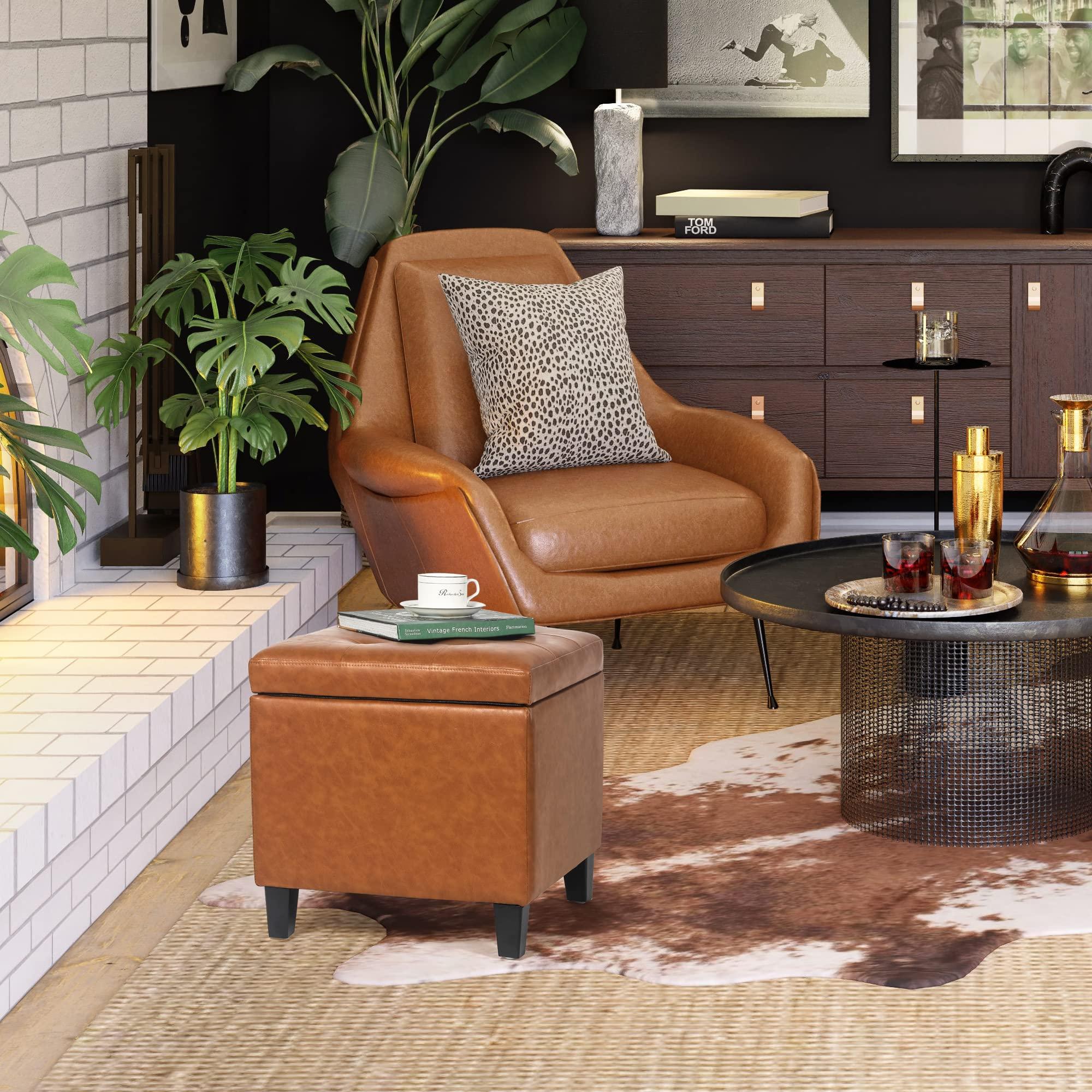 Adeco Adeco 17.7" Leather Cube Storage Orange Ottomans for Living Room