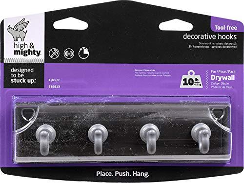 HIGH & MIGHTY HIGH & MIGHTY 515813 Key Rail Organizer Hook Rail, Easy Tool-Free Dry Wall Installation, Holds up to 10lbs, Medium, Espresso & Silver