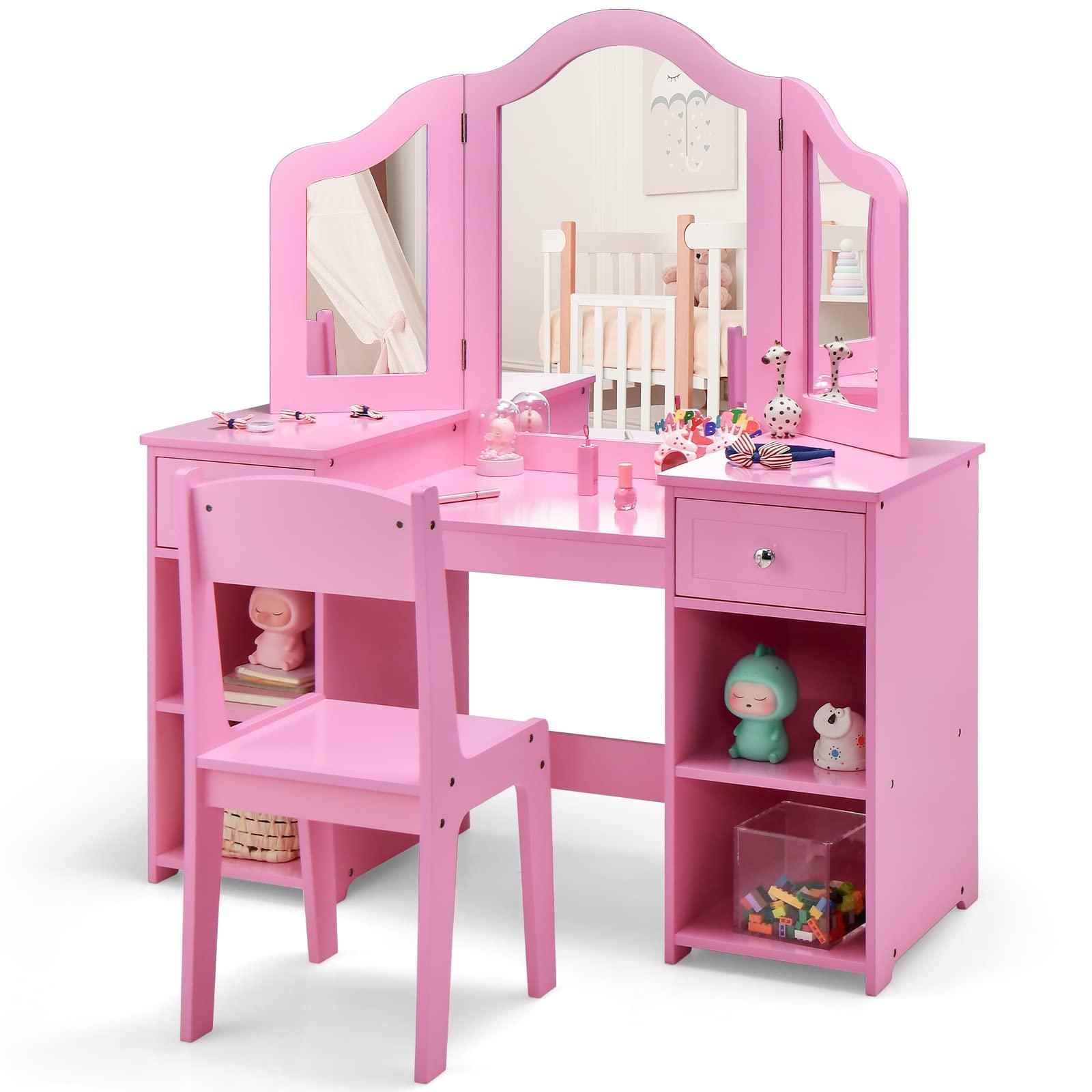 AKUSTIK AKUSTIK Kids Vanity, 2 in 1 Wooden Princess Makeup Table and Chair for Toddlers with Tri-Folding Detachable Mirror, Storage Drawers for Little Girls, Pretend Beauty Dressing Desk Play Set Toy Gift