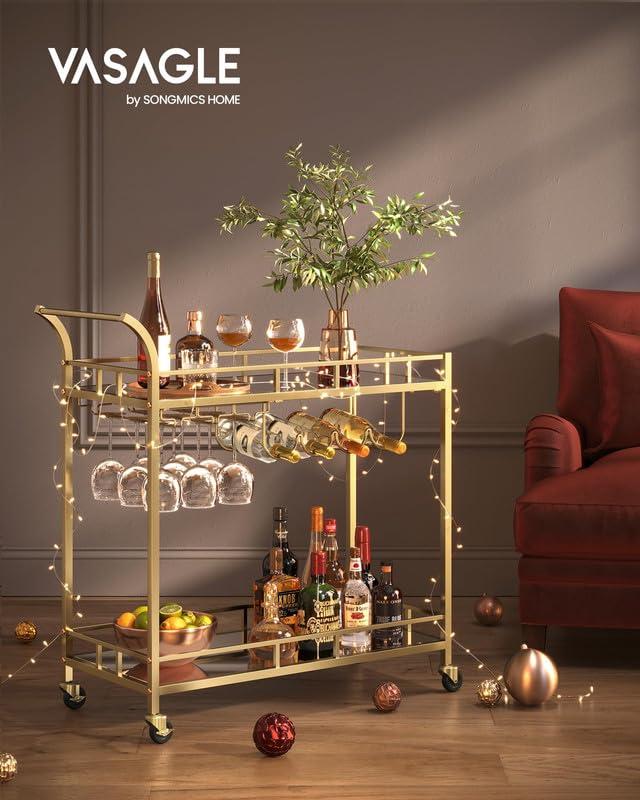 VASAGLE VASAGLE Bar Cart Gold, Home Bar Serving Cart, Wine Cart with 2 Mirrored Shelves, Wine Holders, Glass Holders, for Kitchen, Dining Room, Gold ULRC090A03