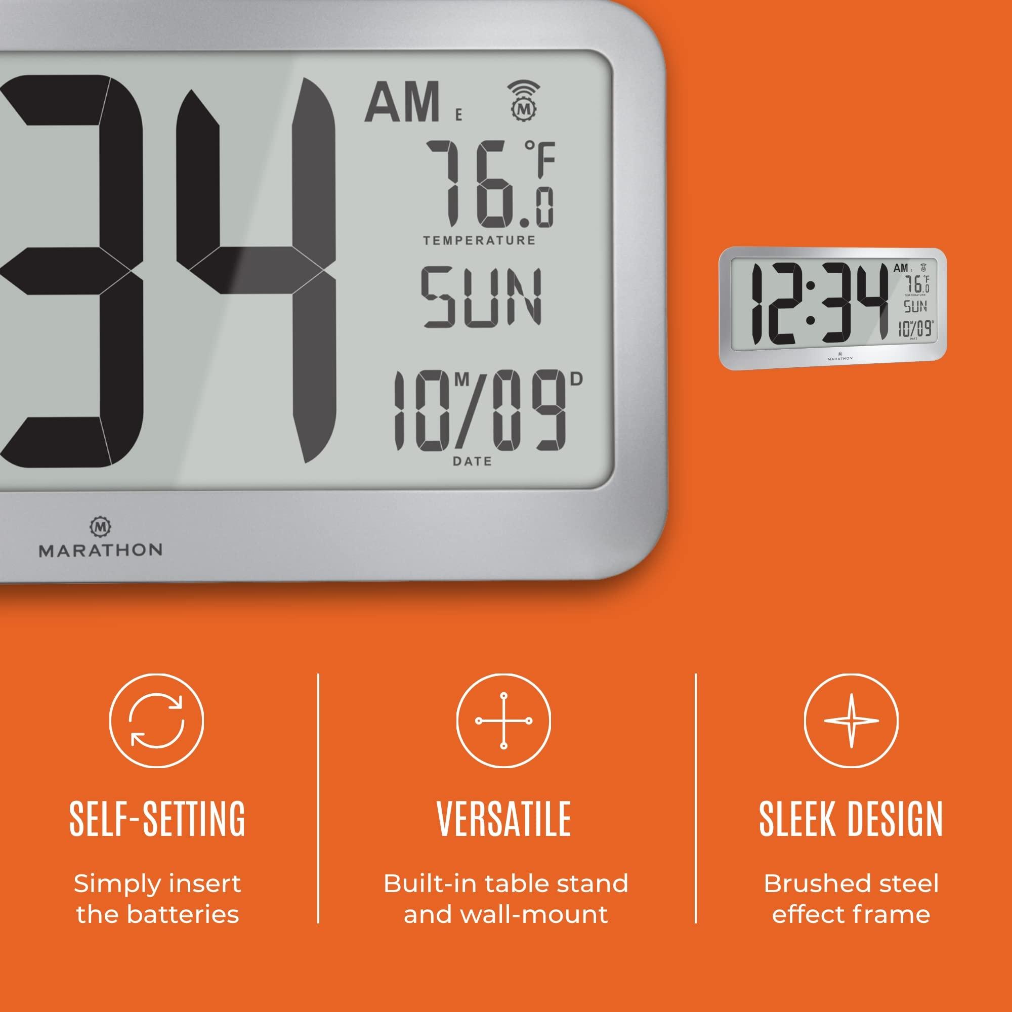 MARATHON Marathon Slim Jumbo Panoramic Atomic Wall Clock with Date and Indoor Temperature. Commercial Grade with Big 6-Inch Numbers, Alarm and Table Stand. Batteries Included (Graphite Grey)