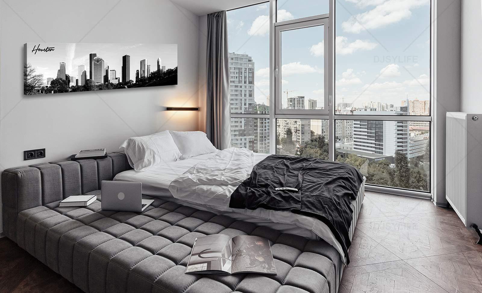 DJSYLIFE Black and White Wall Art Houston Skyline Canvas Print Picture Panoramic Cityscape Poster Decoration for Bedroom Office Home Decor Framed and Ready to Hang, 13.8"x47.3"