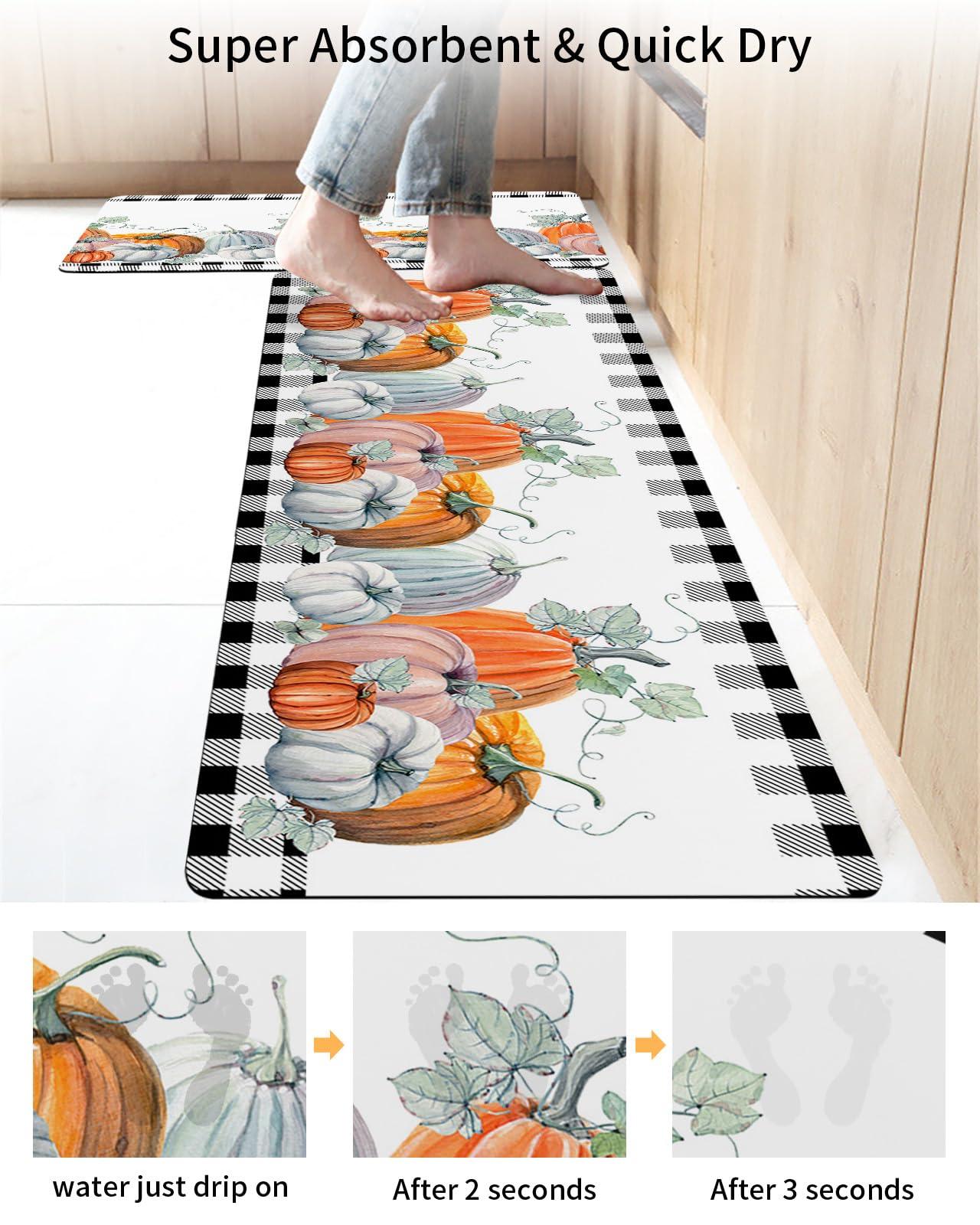 Jolunifun Thanksgiving Pumpkin Bath Mat for Tub,Non Slip Bathroom Floor Runner Rug Quick Dry & Absorbent Diatomaceous Earth Shower Sink Kitchen Washable Doormat,Fall Eucalyptus Buffalo Plaid Check 16x24+16x47