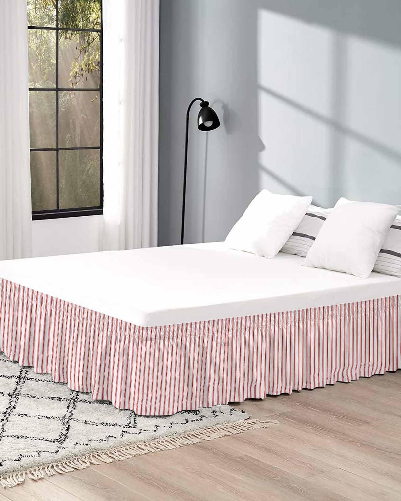 RisQiten RisQiten Red Striped Bed Skirt Queen Size 16 Inch Drop, Adjustable Elastic Bedskirt Dust Ruffle for Queen Bed, Red White Stripes Farmhouse Wrap Around Bed Skirts Luxurious Pleated Bed Frame Cover