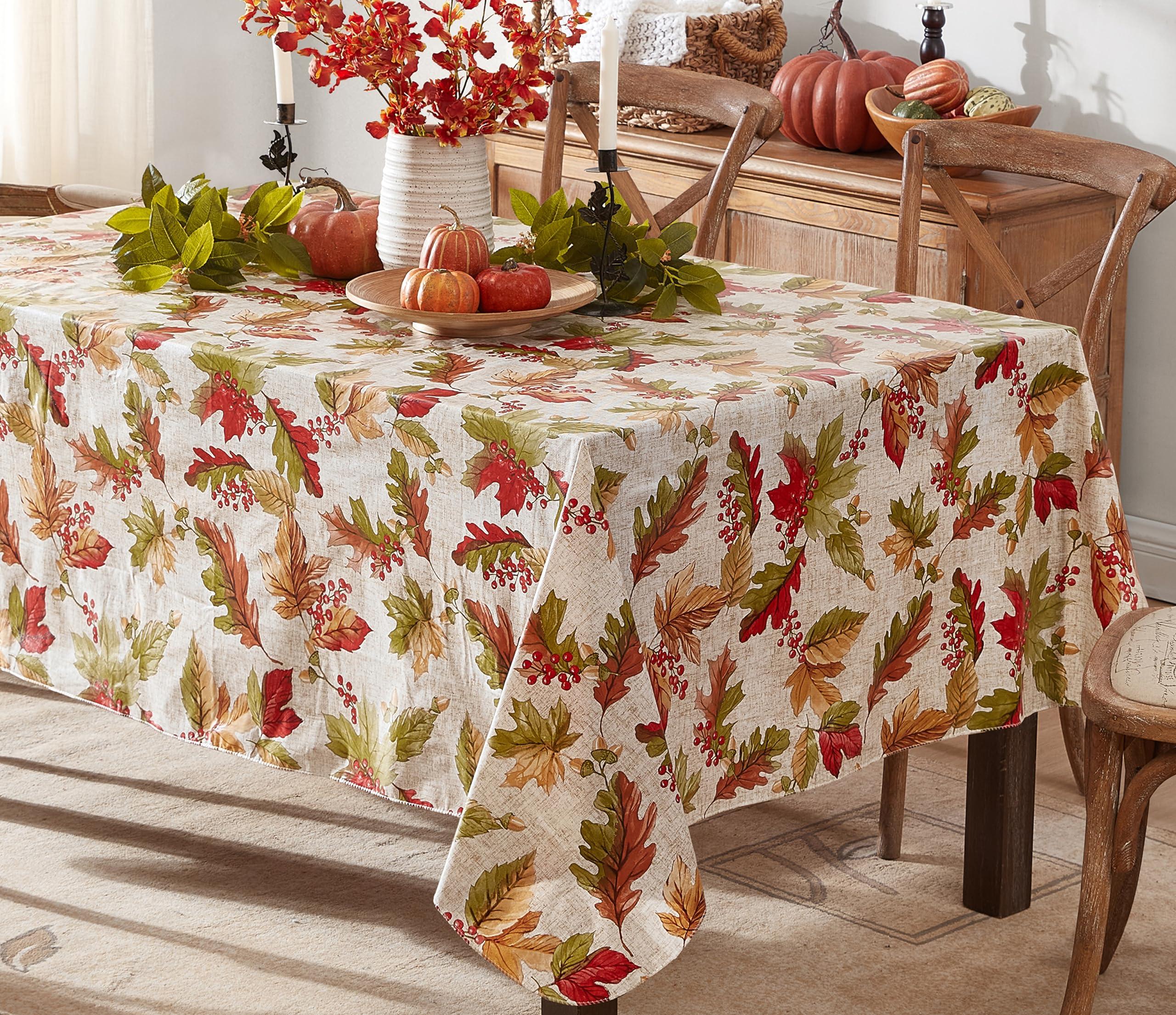 Newbridge Newbridge Rustic Fall Acorn and Leaf Print Autumn Vinyl Flannel Backed Tablecloth, Thanksgiving Autumn Leaves Kitchen Dining Room Vinyl Tablecloth with Flannel Backing, 52\" x 52\" Square