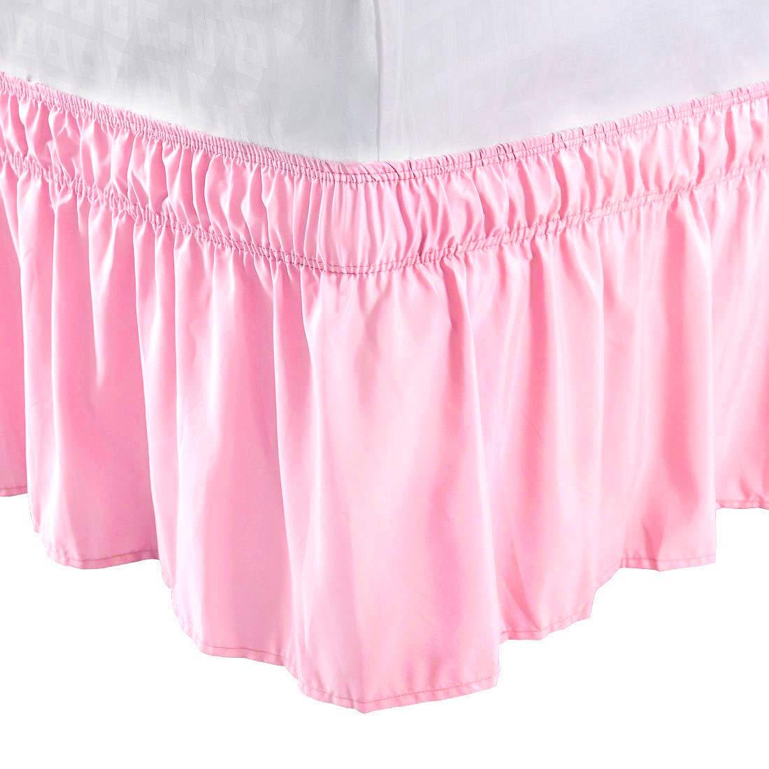 Versatile Bedding Bed Skirt - Wrap Around Bed Skirts Elastic Dust Ruffles, Easy Fit Wrinkle and Fade Resistant Luxurious Fabric Solid Color, Pink Queen XL Size Beds 15 Inch Drop