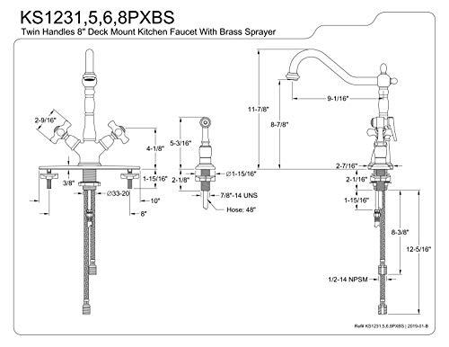 Kingston Brass Kingston Brass KS1238PXBS Heritage Deck Mount Kitchen Faucet with PX Handle and Brass Sprayer, 8-1/2-Inch, Brushed Nickel
