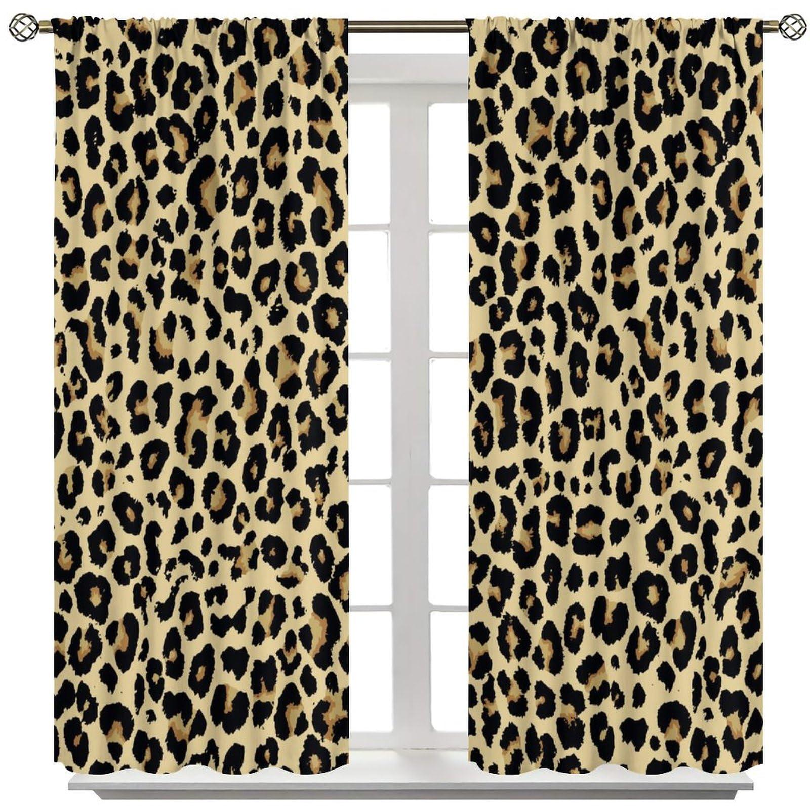 KANEPE Leopard Blackout Curtains, Leopard Pattern Design Wild Animal Skin Spots Print Window Treatments, Retro Rod Pocket Thermal Insulation Drapes for Bedroom Living Room, 55" W X 63" L