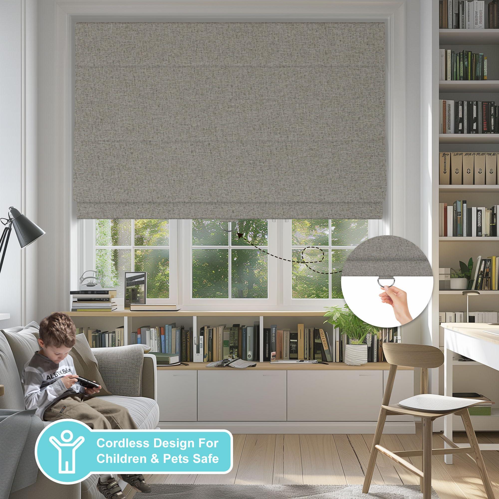 BERISSA BERISSA 100% Blackout Roman Shades for Windows,Cordless Linen Roman Blinds,Thermal Insulated Noise Reduction Room Darkening Pull Down Window Shades for Home Office Bedroom(46" W x 68" H) Dark Gray