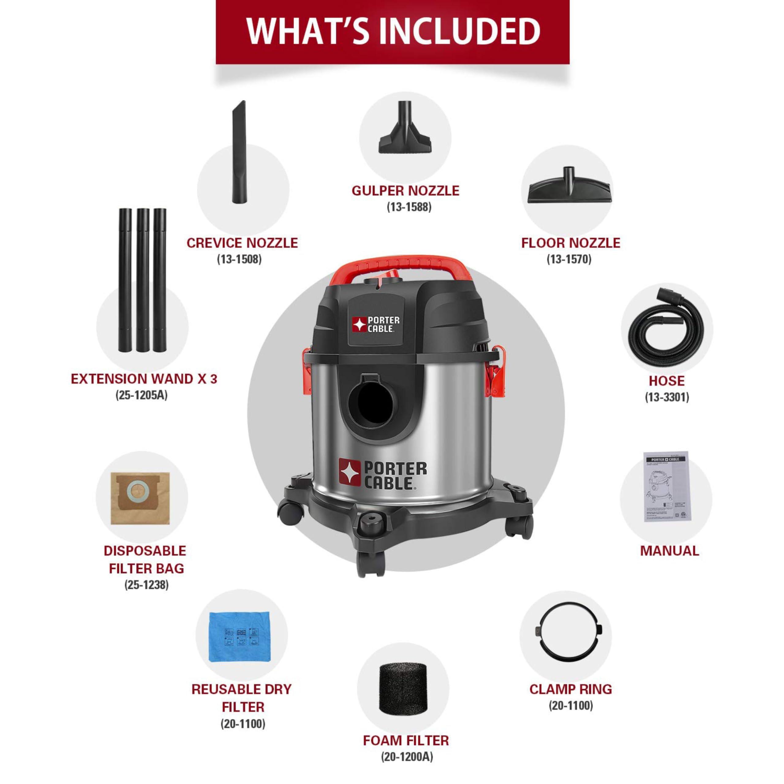 PORTER-CABLE PORTER-CABLE PCX18301-4B 4 Gallon 4 HP Wet/Dry Vacuum, Stainless Steel Light Weight Portable Shop Vacuum, 3 in 1 Function with Attachments