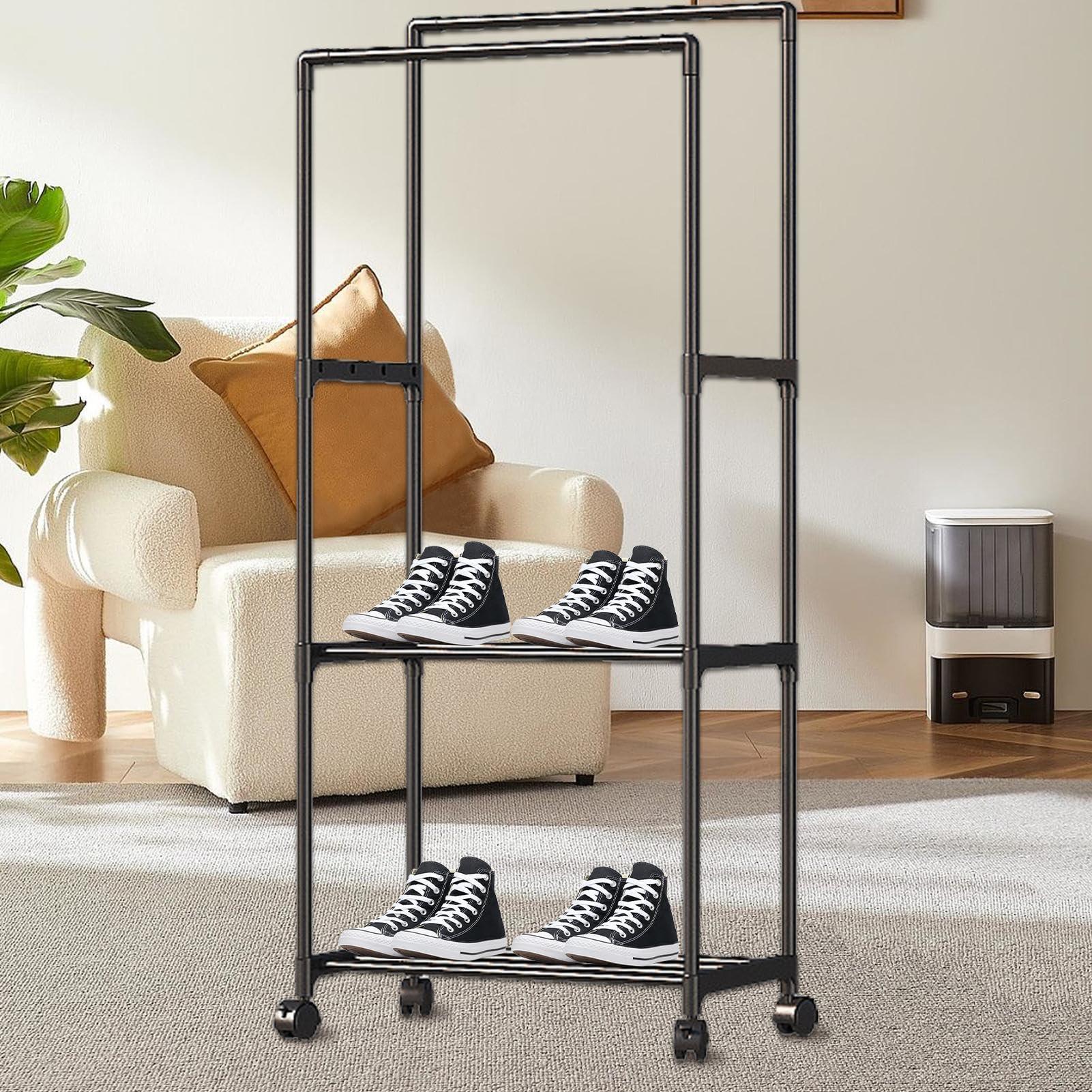 Libaroud Double Rods Clothing Rack with Wheels, Rolling Hanging Clothes Rack, Multi-functional Bedroom Clothes Rack for Bedroom, Living Room, Clothing Store