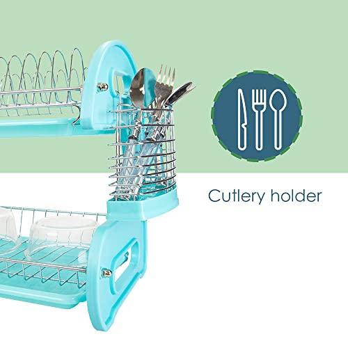 Home Basics Home Basics 2 Tier Dish Drainer (Turquoise) Dish Rack for Kitchen Counter, with Cutlery Holder and Cup Slots