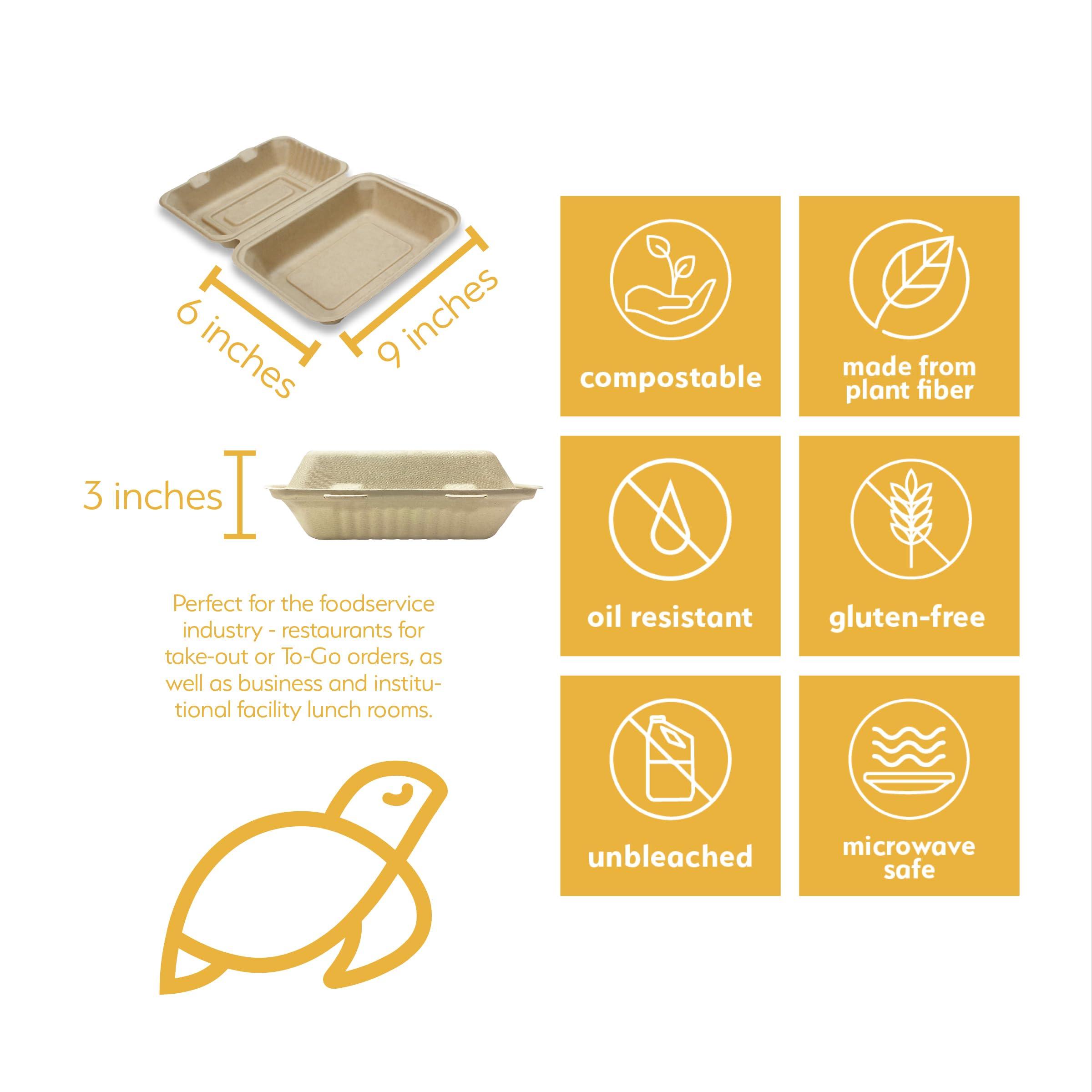 Earth's Natural Alternative 100% Compostable Disposable Food Containers with Lids [9”X6” 500 Pack] Eco-Friendly Take-Out TO-GO Containers, Heavy-Duty, Biodegradable, Unbleached by Earth's Natural Alternative