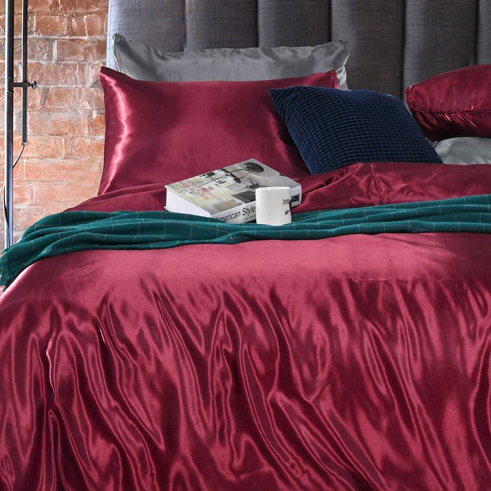 Erosebridal Erosebridal Hotel Quality Burgundy Duvet Cover Set Twin/Single Size Silk Like Satin Bedding Sets Summer Reversible Quilt/Comforter Cover Honeymoon Sexy Luxury Soft Microfiber Bedding Collection